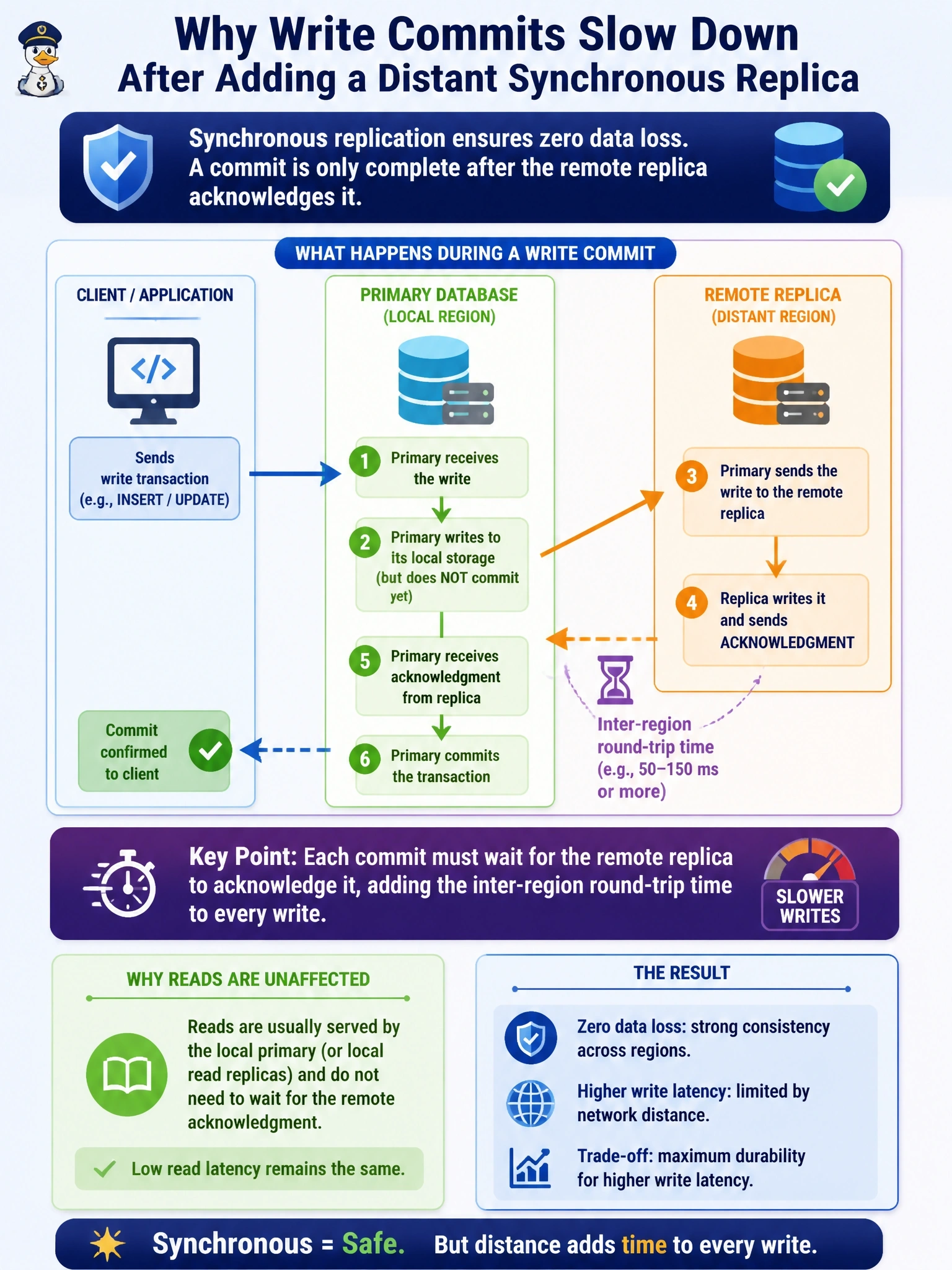 To Create an exciting colorful infographic that explains the concepts in the question: Question: A company adds a database replica in a distant cloud region and configures it for synchronous replication so that no committed transaction can be lost. Immediately afterward, write transactions on the primary take noticeably longer to commit, although read queries are unaffected. What best explains the slowdown? Correct Answer: Each commit must wait for the remote replica to acknowledge it, adding the inter-region round-trip time to every write Put EVERY visible label in double quotes. No people. No A/B/C/D letters. In one of the four corners put a little "Navy Duck".