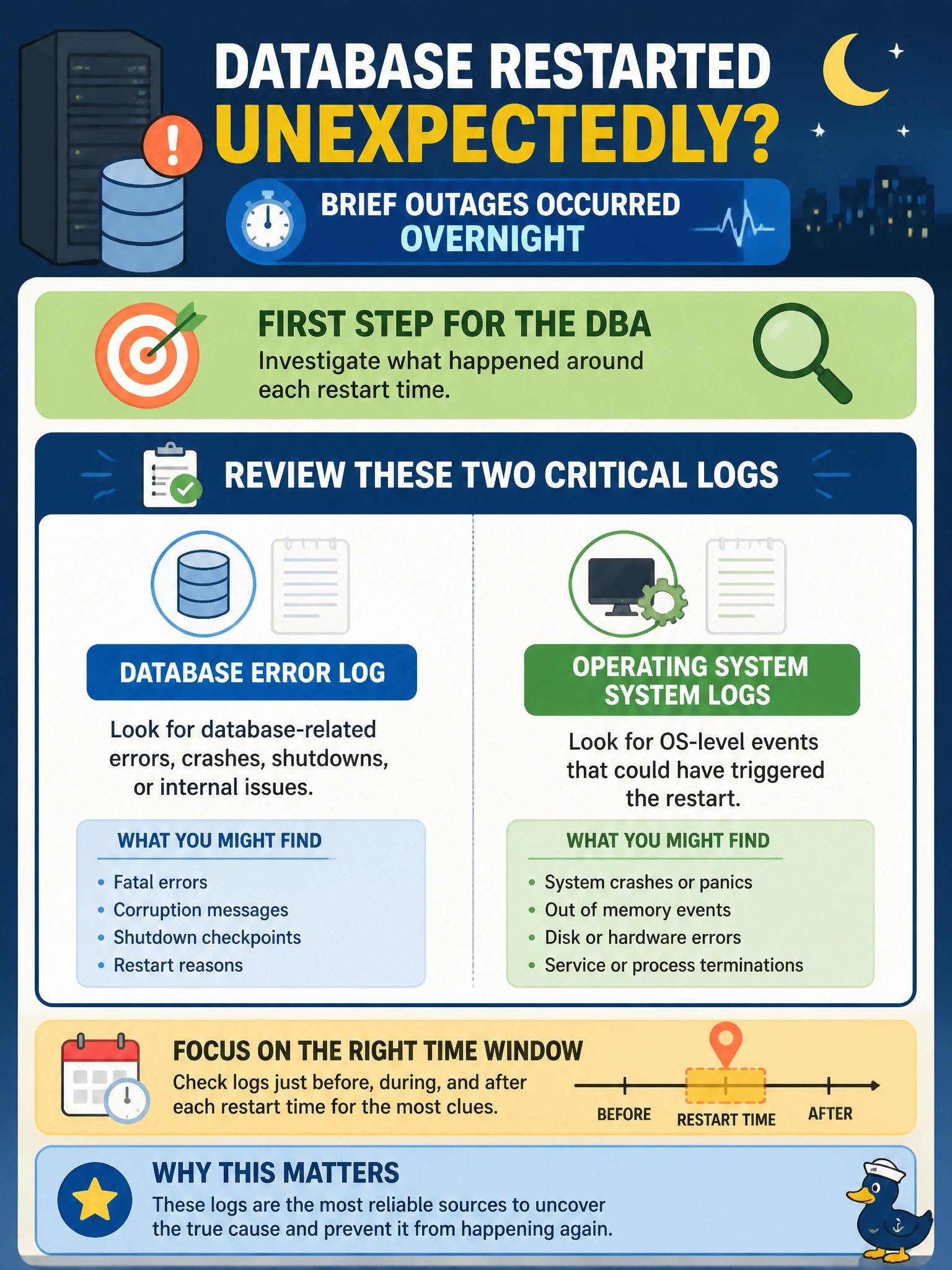 To Create an exciting colorful infographic that explains the concepts in the question: Question: The database service on a production server restarted unexpectedly three times overnight. Users noticed brief outages, but no planned work was scheduled. What should the DBA do first to find the cause? Correct Answer: Review the database error log and the operating system's system logs around each restart time Put EVERY visible label in double quotes. No people. No A/B/C/D letters. In one of the four corners put a little "Navy Duck".