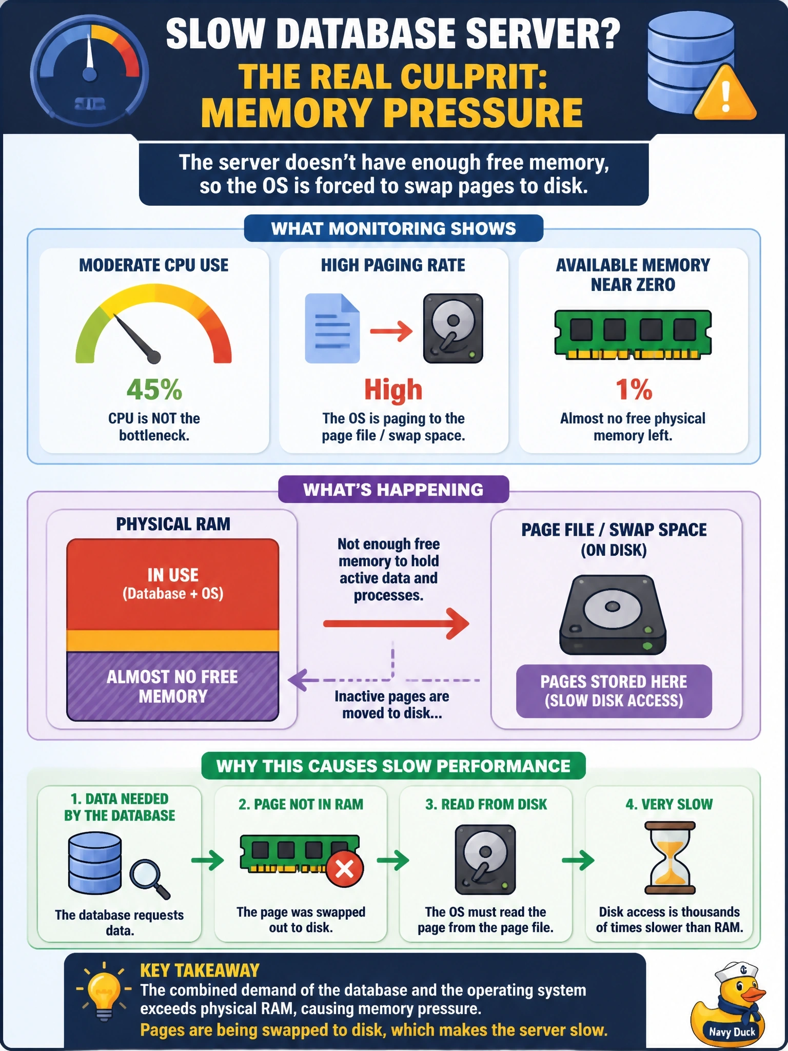 To Create an exciting colorful infographic that explains the concepts in the question: Question: A database server responds slowly. Monitoring shows moderate CPU use, but the operating system reports a high rate of paging to the page file or swap space, and available physical memory is near zero. What is the most likely problem? Correct Answer: Memory pressure: combined database and OS demand exceeds physical RAM, so pages are being swapped to disk Put EVERY visible label in double quotes. No people. No A/B/C/D letters. In one of the four corners put a little "Navy Duck".