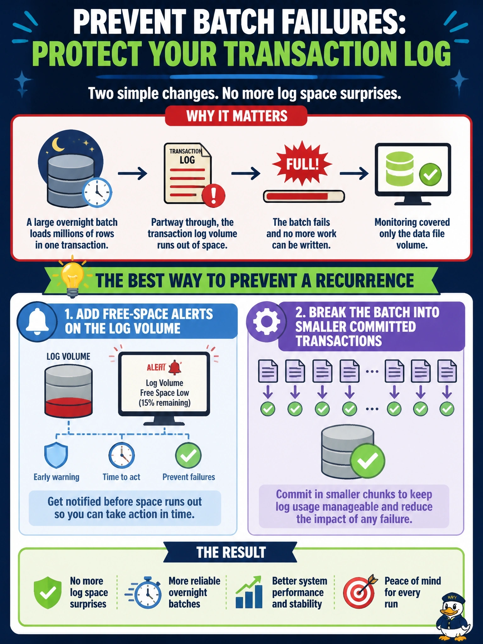 To Create an exciting colorful infographic that explains the concepts in the question: Question: A large overnight batch loads millions of rows in one transaction. Partway through, the volume holding the transaction log runs out of space and the batch fails. Monitoring covered only the data file volume. Which change best prevents a recurrence? Correct Answer: Add free-space alerts on the log volume and break the batch into smaller committed transactions Put EVERY visible label in double quotes. No people. No A/B/C/D letters. In one of the four corners put a little "Navy Duck".
