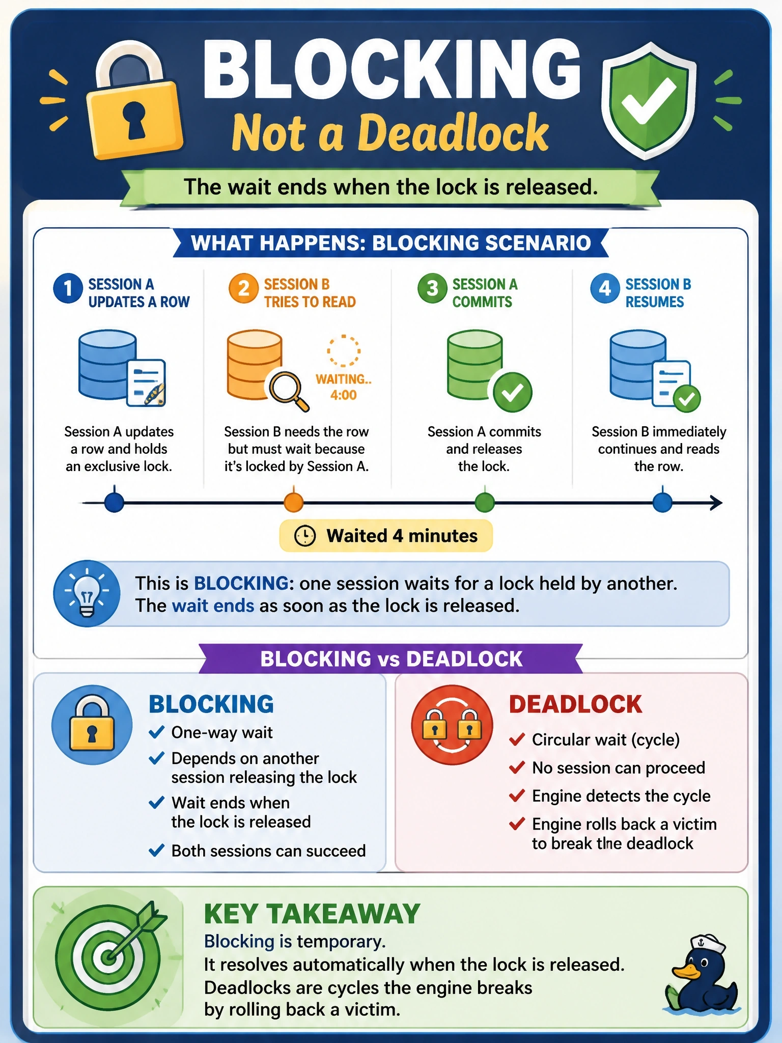 To Create an exciting colorful infographic that explains the concepts in the question: Question: A reporting session has been waiting for four minutes on a row that another session updated but has not yet committed. No error has been raised, and the waiting session resumes as soon as the other session commits. A colleague calls this a deadlock. Which statement is accurate? Correct Answer: This is blocking, since the wait ends when the lock is released, whereas a deadlock is a cycle the engine resolves by rolling back a victim Put EVERY visible label in double quotes. No people. No A/B/C/D letters. In one of the four corners put a little "Navy Duck".