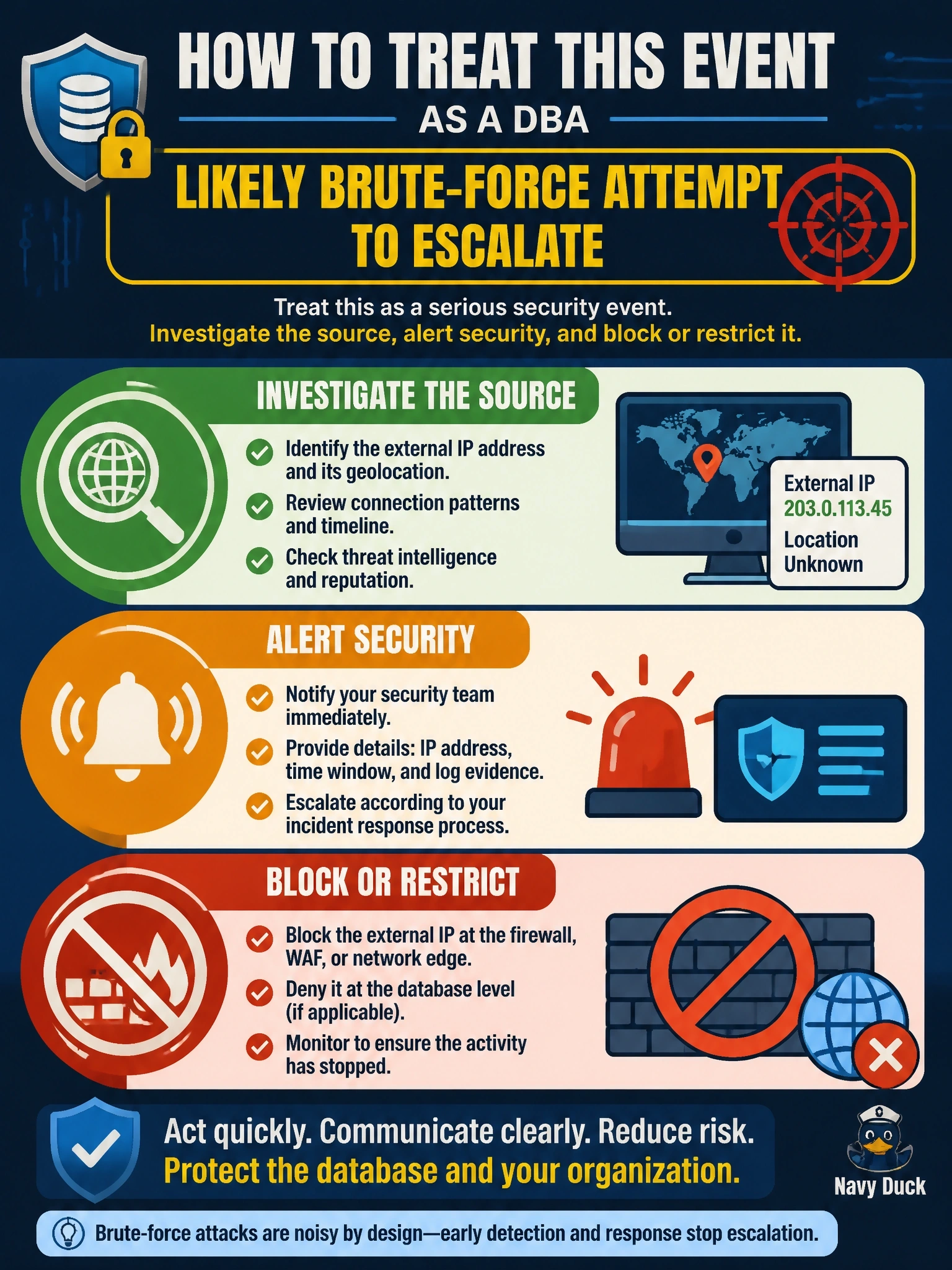 To Create an exciting colorful infographic that explains the concepts in the question: Question: Overnight monitoring shows several thousand failed login attempts against a privileged database account, all from a single external IP address within two hours. No successful logins from that address are recorded. How should the DBA treat this event? Correct Answer: As a likely brute-force attempt to escalate: investigate the source, alert security and block or restrict it Put EVERY visible label in double quotes. No people. No A/B/C/D letters. In one of the four corners put a little "Navy Duck".