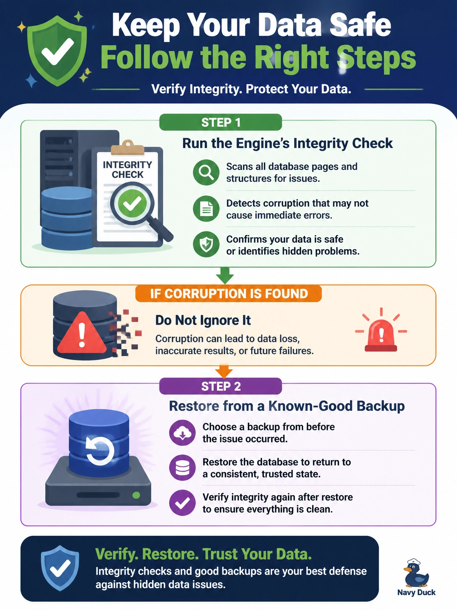 To Create an exciting colorful infographic that explains the concepts in the question: Question: A storage controller on a database server logged hardware errors overnight before being replaced. The database is online and users report no problems, but the DBA is concerned that some data pages may have been written incorrectly. What should the DBA do? Correct Answer: Run the engine's integrity check, and if corruption is found, restore from a known-good backup Put EVERY visible label in double quotes. No people. No A/B/C/D letters. In one of the four corners put a little "Navy Duck".
