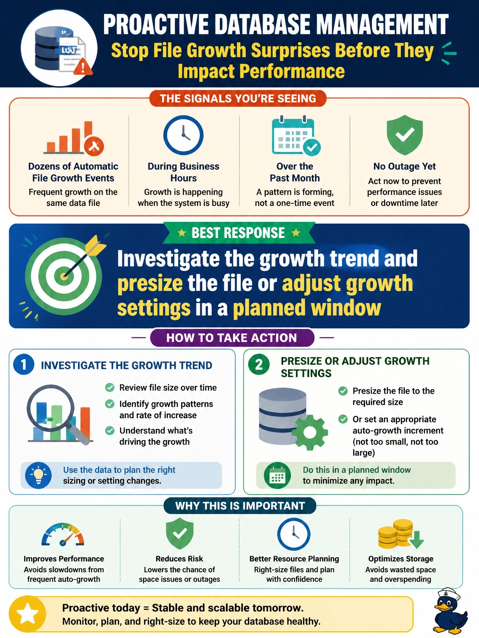 To Create an exciting colorful infographic that explains the concepts in the question: Question: During the weekly review of database logs, a DBA notices dozens of automatic file growth events on the same data file over the past month, each occurring during business hours. No outage has occurred yet. What is the best response? Correct Answer: Investigate the growth trend and presize the file or adjust growth settings in a planned window Put EVERY visible label in double quotes. No people. No A/B/C/D letters. In one of the four corners put a little "Navy Duck".