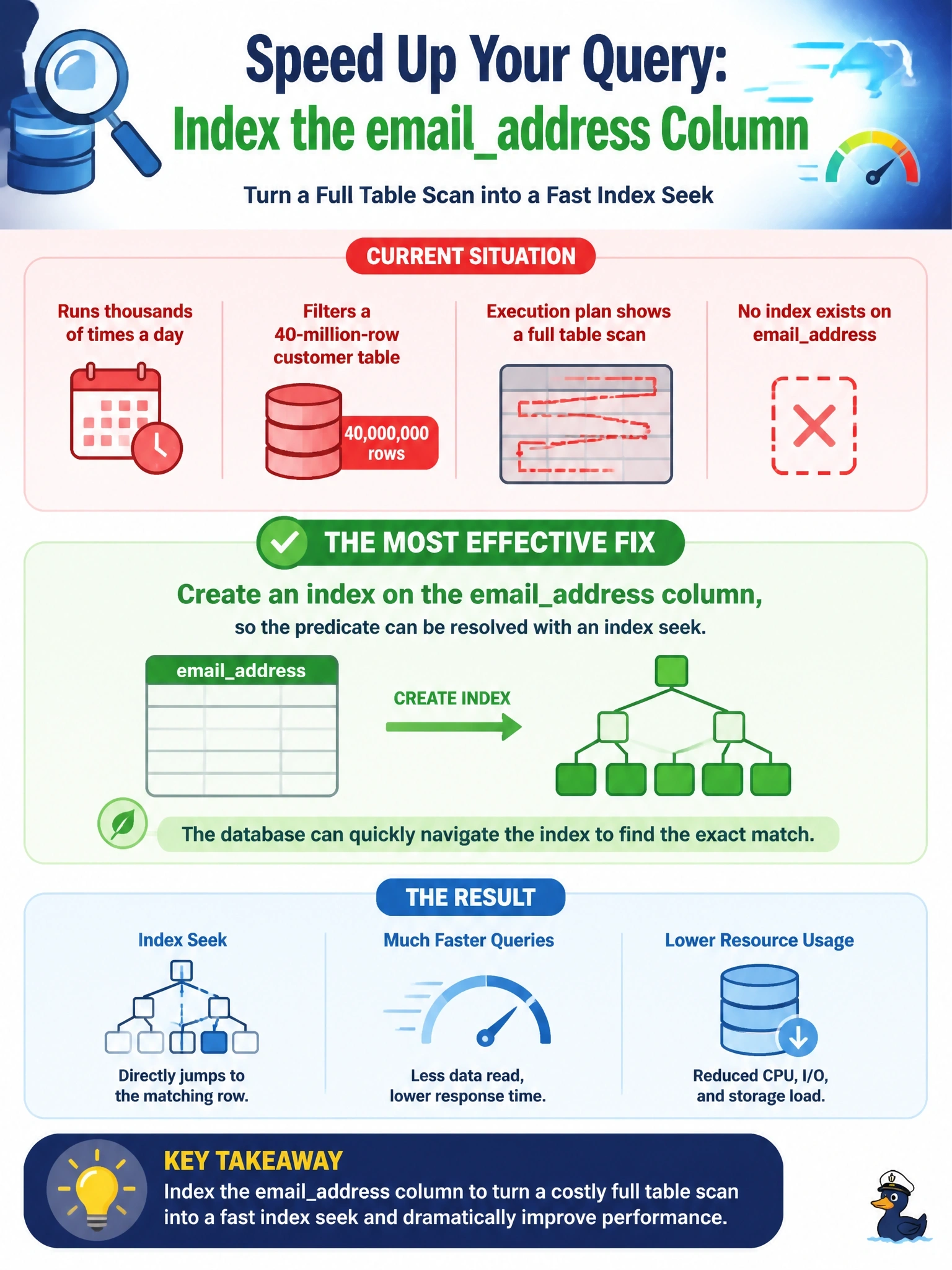 To Create an exciting colorful infographic that explains the concepts in the question: Question: A query that runs thousands of times a day filters a 40-million-row customer table with WHERE emailaddress = ?. The execution plan shows a full table scan, and no index exists on emailaddress. What is the most effective fix? Correct Answer: Create an index on the emailaddress column, so the predicate can be resolved with an index seek Put EVERY visible label in double quotes. No people. No A/B/C/D letters. In one of the four corners put a little "Navy Duck".