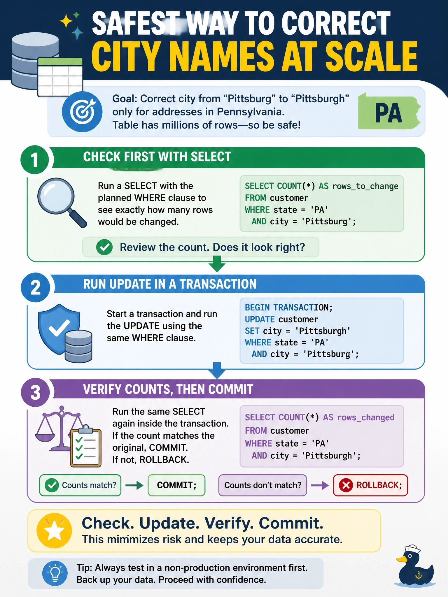 To Create an exciting colorful infographic that explains the concepts in the question: Question: A DBA must correct a batch of customer rows where the city was entered as 'Pittsburg' instead of 'Pittsburgh' for addresses in Pennsylvania. The production table has millions of rows. Which approach is safest? Correct Answer: Run a SELECT with the planned WHERE clause to check affected rows, then run the UPDATE in a transaction and commit only if counts match Put EVERY visible label in double quotes. No people. No A/B/C/D letters. In one of the four corners put a little "Navy Duck".