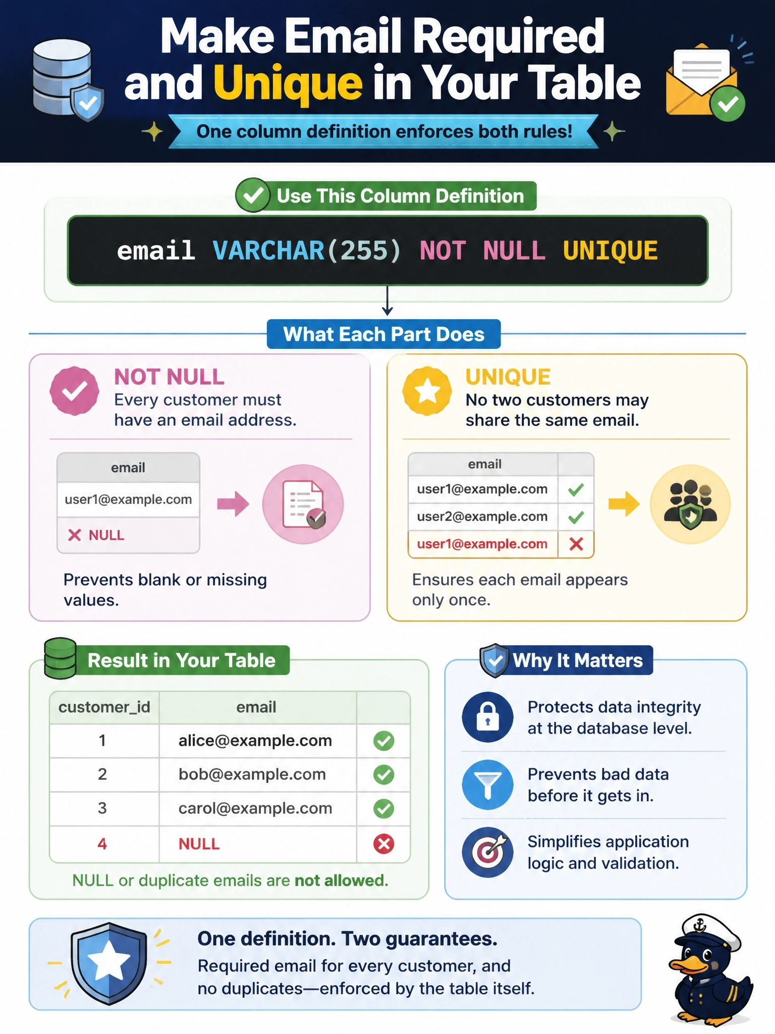 To Create an exciting colorful infographic that explains the concepts in the question: Question: A DBA is defining a customer table: CREATE TABLE customer (customerid INT PRIMARY KEY, email ...); Every customer must have an email address, and no two customers may share one. Which column definition enforces both rules in the table itself? Correct Answer: email VARCHAR(255) NOT NULL UNIQUE Put EVERY visible label in double quotes. No people. No A/B/C/D letters. In one of the four corners put a little "Navy Duck".