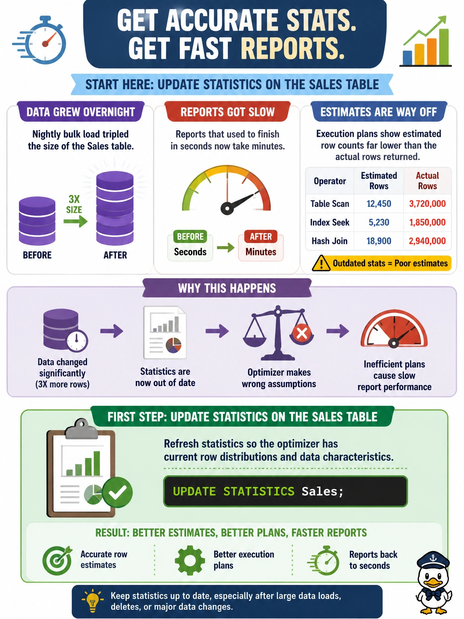 To Create an exciting colorful infographic that explains the concepts in the question: Question: After a nightly bulk load tripled the size of a Sales table, several reports that used to finish in seconds now take minutes. Execution plans show estimated row counts far lower than the actual rows returned. What should the DBA do first? Correct Answer: Update the statistics on the Sales table so the optimizer has current row distributions Put EVERY visible label in double quotes. No people. No A/B/C/D letters. In one of the four corners put a little "Navy Duck".