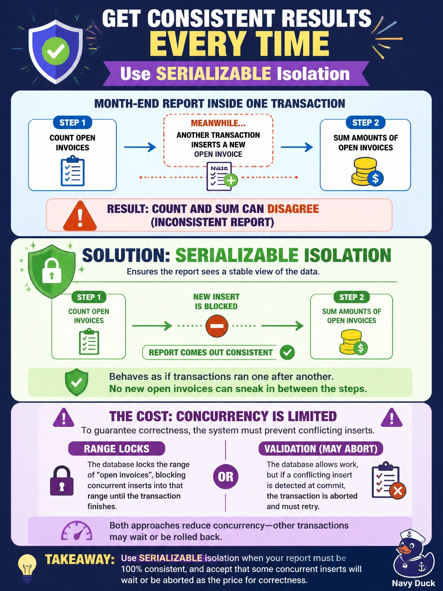 To Create an exciting colorful infographic that explains the concepts in the question: Question: A month-end report runs inside one transaction: it counts the open invoices, then sums their amounts. Under ANSI SQL isolation levels, new invoices inserted between the two steps make the count and sum disagree. Which isolation level prevents this, and at what cost? Correct Answer: SERIALIZABLE, accepting that range locks or validation may block or abort concurrent inserts Put EVERY visible label in double quotes. No people. No A/B/C/D letters. In one of the four corners put a little "Navy Duck".