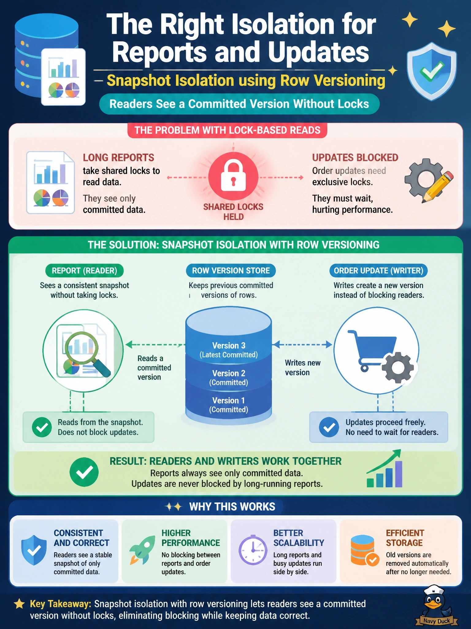 To Create an exciting colorful infographic that explains the concepts in the question: Question: An order-entry database also serves heavy reporting queries. Under the current isolation level, long reports take shared locks that block order updates. Reports must still see only committed data. Which isolation approach best resolves the conflict? Correct Answer: Snapshot isolation using row versioning, so readers see a committed version without locks Put EVERY visible label in double quotes. No people. No A/B/C/D letters. In one of the four corners put a little "Navy Duck".