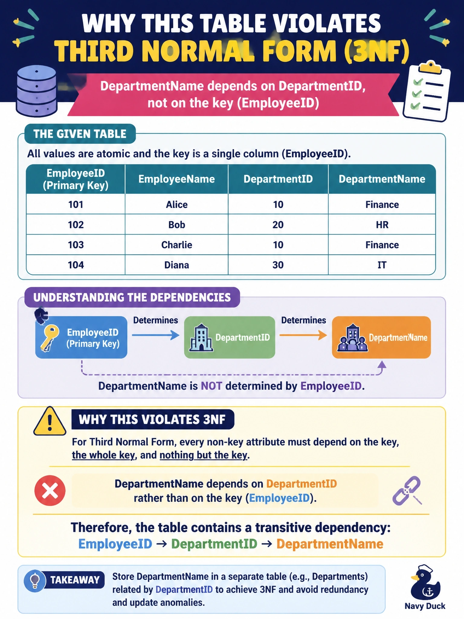 To Create an exciting colorful infographic that explains the concepts in the question: Question: An Employees table has the columns EmployeeID (primary key), EmployeeName, DepartmentID and DepartmentName. DepartmentName is determined by DepartmentID. Every value is atomic and the key is a single column. Which normal form does the table violate? Correct Answer: Third normal form, because DepartmentName depends on DepartmentID rather than on the key Put EVERY visible label in double quotes. No people. No A/B/C/D letters. In one of the four corners put a little "Navy Duck".