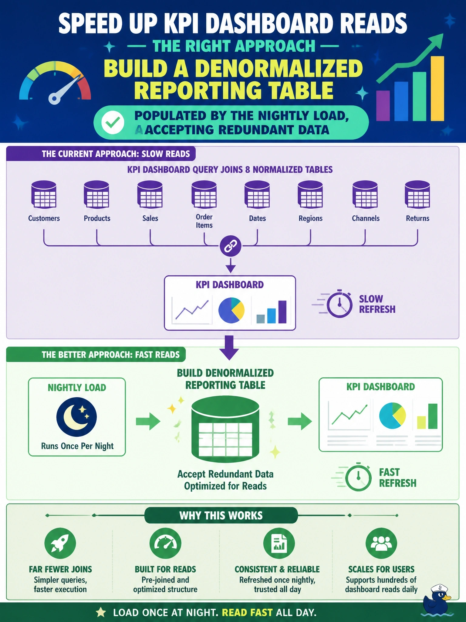 To Create an exciting colorful infographic that explains the concepts in the question: Question: A KPI dashboard query joins eight normalized tables and takes too long to refresh. The underlying data is loaded once per night and the dashboard is read hundreds of times a day. Which approach best improves read performance for this workload? Correct Answer: Build a denormalized reporting table populated by the nightly load, accepting redundant data Put EVERY visible label in double quotes. No people. No A/B/C/D letters. In one of the four corners put a little "Navy Duck".