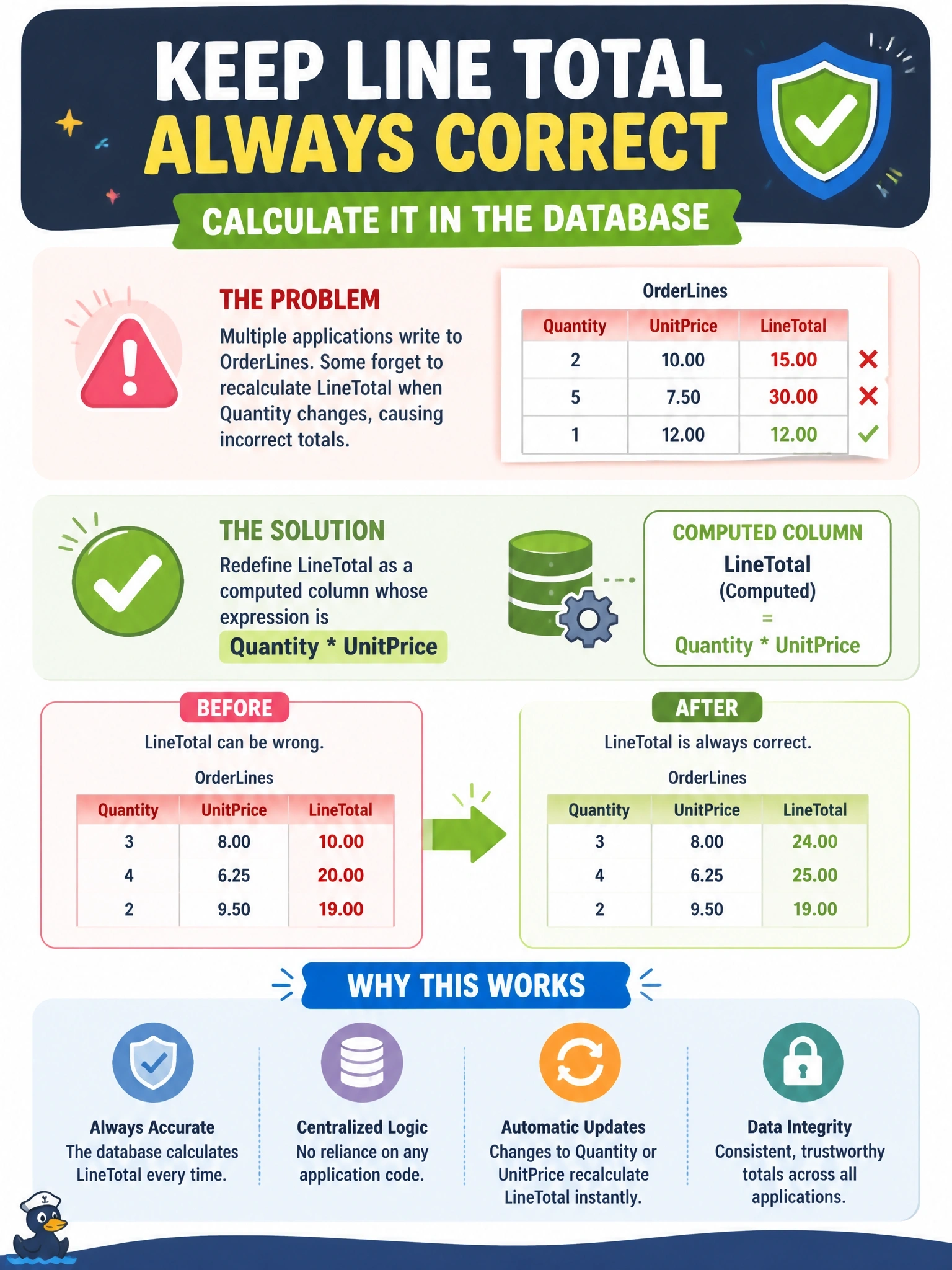 To Create an exciting colorful infographic that explains the concepts in the question: Question: An OrderLines table stores Quantity, UnitPrice and LineTotal. Several applications write to it, and some forget to recalculate LineTotal when Quantity changes. The DBA wants LineTotal to always equal Quantity multiplied by UnitPrice without relying on application code. Which solution meets this requirement? Correct Answer: Redefine LineTotal as a computed column whose expression is Quantity UnitPrice Put EVERY visible label in double quotes. No people. No A/B/C/D letters. In one of the four corners put a little "Navy Duck".