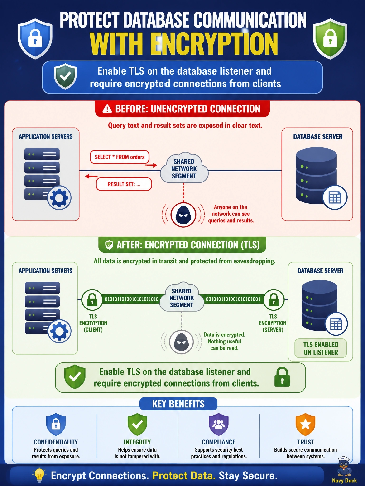 To Create an exciting colorful infographic that explains the concepts in the question: Question: Application servers connect to a database server across a shared network segment, and a packet capture shows query text and result sets in clear text. Which control addresses this exposure? Correct Answer: Enable TLS on the database listener and require encrypted connections from clients Put EVERY visible label in double quotes. No people. No A/B/C/D letters. In one of the four corners put a little "Navy Duck".