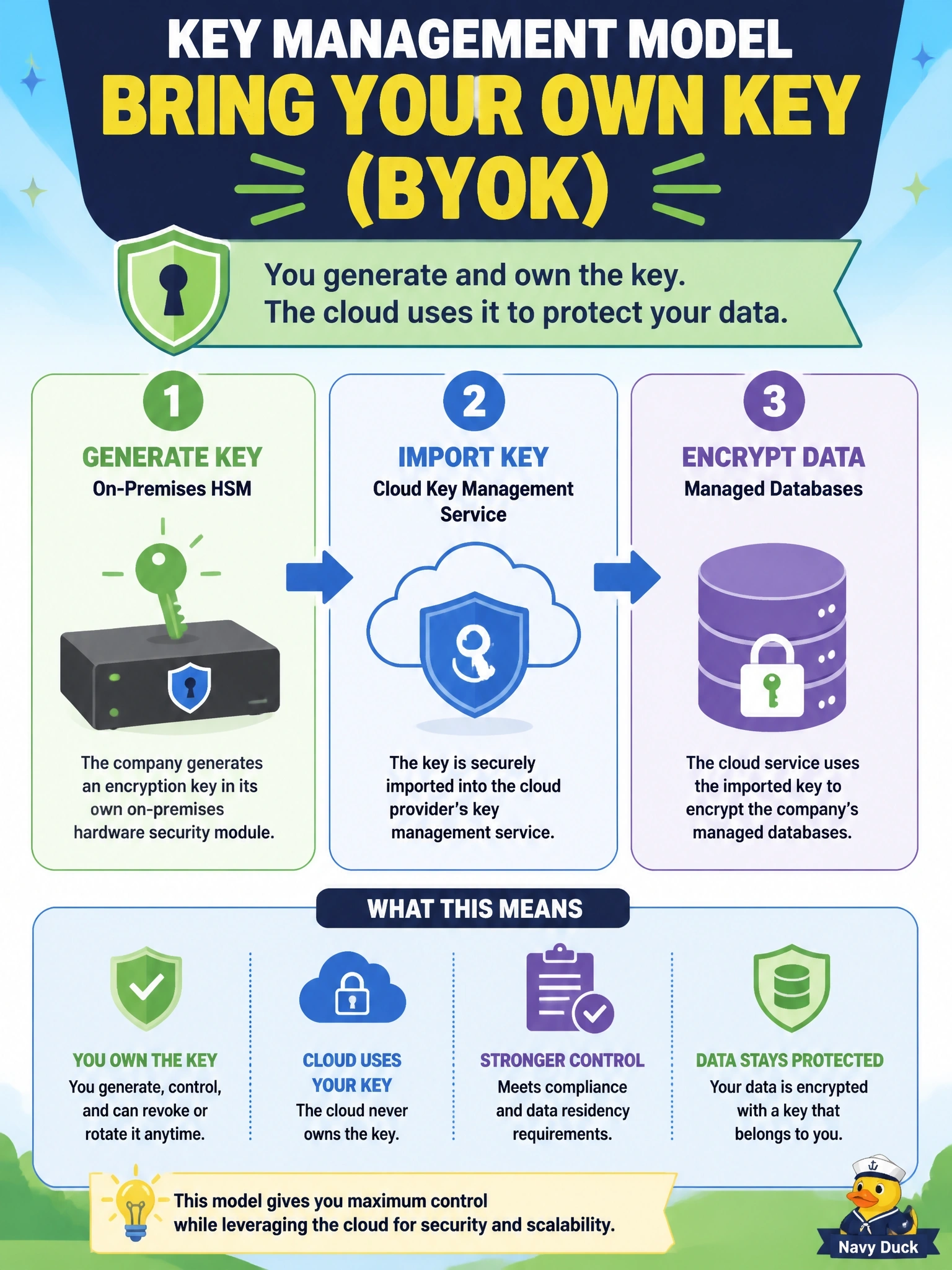 To Create an exciting colorful infographic that explains the concepts in the question: Question: A company generates an encryption key in its own on-premises hardware security module and imports it into its cloud provider's key management service, which then uses it to encrypt the company's managed databases. Which key management model is this? Correct Answer: Bring your own key (BYOK) Put EVERY visible label in double quotes. No people. No A/B/C/D letters. In one of the four corners put a little "Navy Duck".