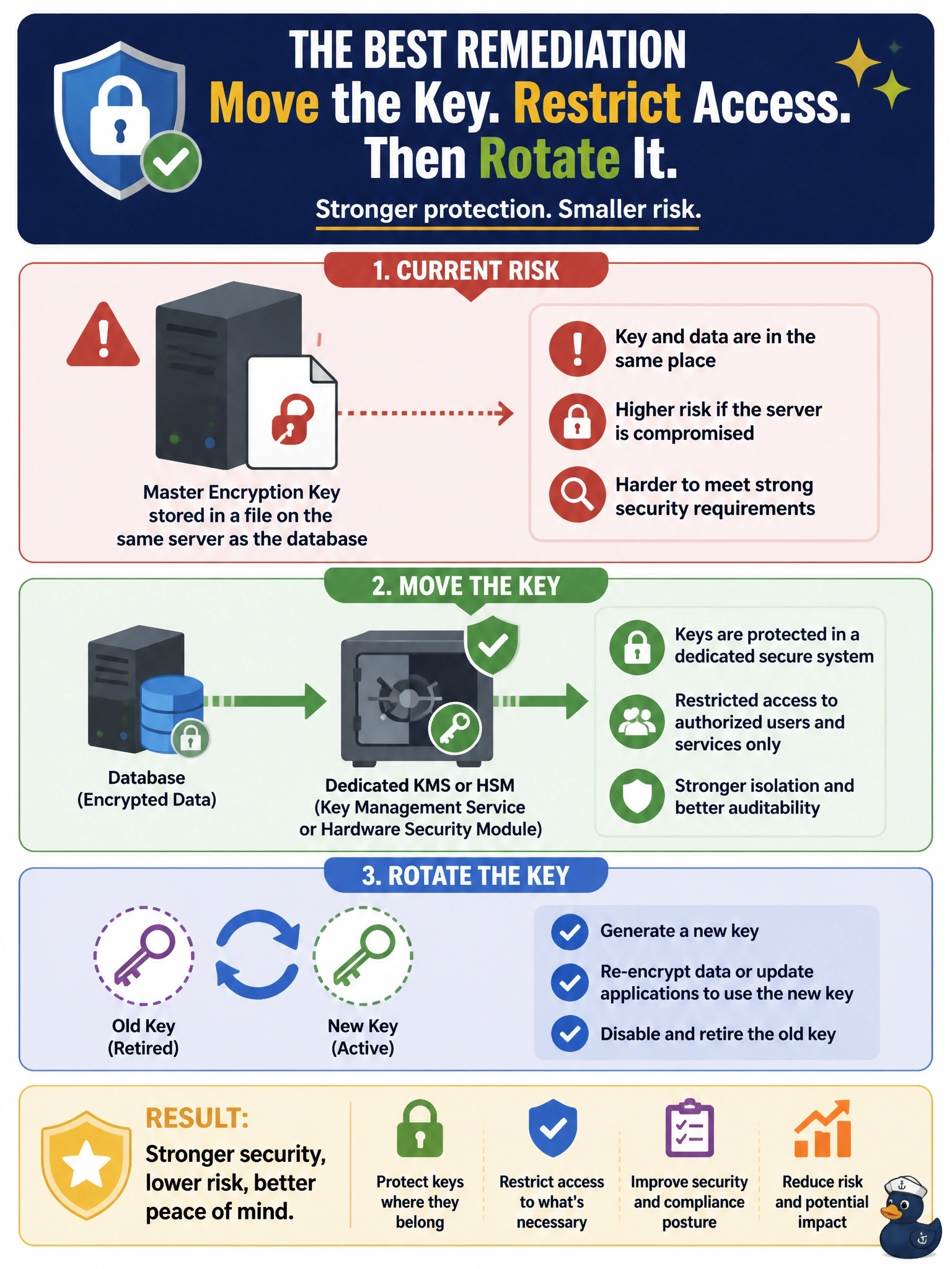 To Create an exciting colorful infographic that explains the concepts in the question: Question: During a review, a DBA discovers that the master encryption key protecting a database's encrypted columns is stored in a file on the same server as the database. What is the best remediation? Correct Answer: Move the key into a dedicated KMS or HSM with restricted access, then rotate it Put EVERY visible label in double quotes. No people. No A/B/C/D letters. In one of the four corners put a little "Navy Duck".