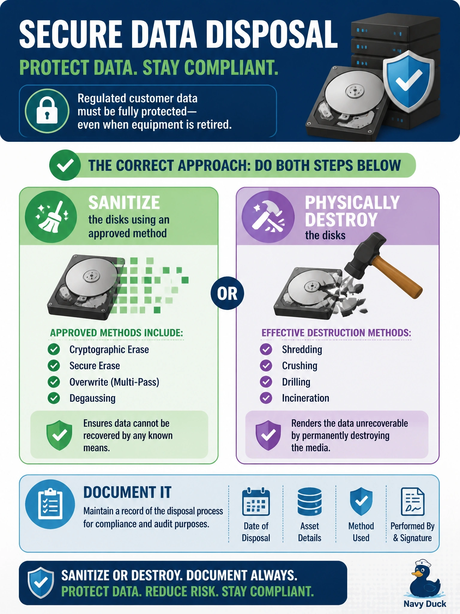 To Create an exciting colorful infographic that explains the concepts in the question: Question: A company is retiring database servers whose disks held regulated customer data. The disks will not be reused. What is the most appropriate way to dispose of the data? Correct Answer: Sanitize the disks with an approved method or physically destroy them, and document it Put EVERY visible label in double quotes. No people. No A/B/C/D letters. In one of the four corners put a little "Navy Duck".