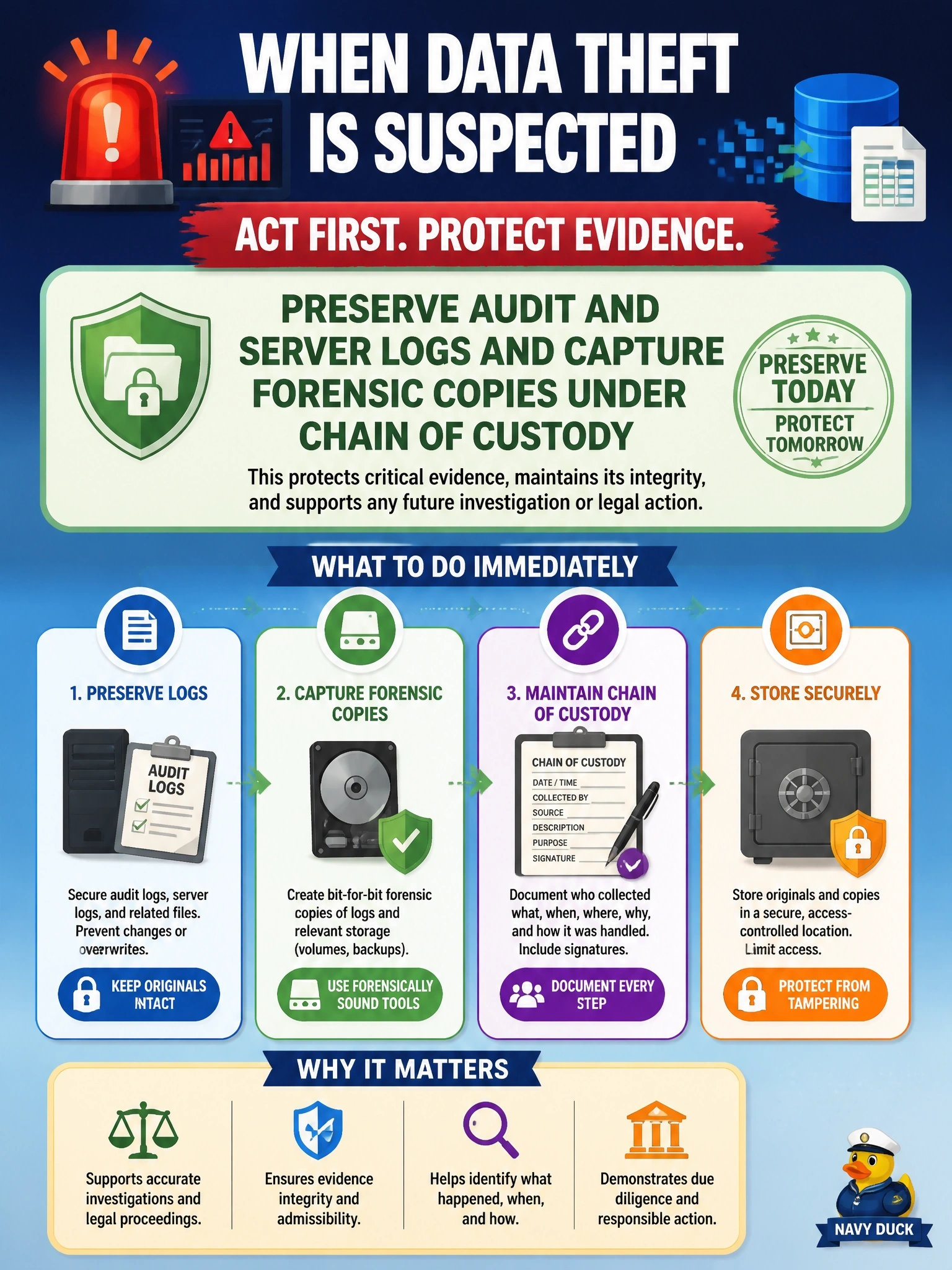 To Create an exciting colorful infographic that explains the concepts in the question: Question: Monitoring alerts show a database account exported large volumes of customer records overnight, and management suspects data theft that may lead to legal action. What should the DBA do first? Correct Answer: Preserve audit and server logs and capture forensic copies under chain of custody Put EVERY visible label in double quotes. No people. No A/B/C/D letters. In one of the four corners put a little "Navy Duck".