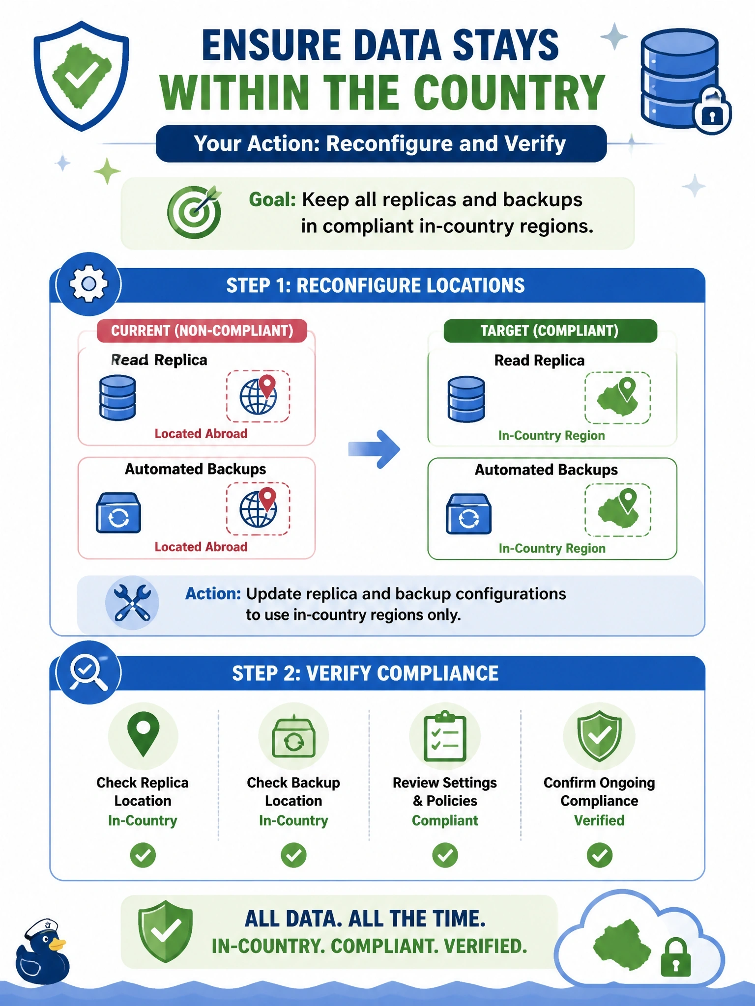 To Create an exciting colorful infographic that explains the concepts in the question: Question: A national regulation requires that citizens' records be stored only within the country. The primary database meets this, but an audit finds the cloud provider's geo-replicated read replica and automated backups are in a region abroad. What should the DBA do? Correct Answer: Reconfigure the replica and backup locations to compliant in-country regions and verify them Put EVERY visible label in double quotes. No people. No A/B/C/D letters. In one of the four corners put a little "Navy Duck".