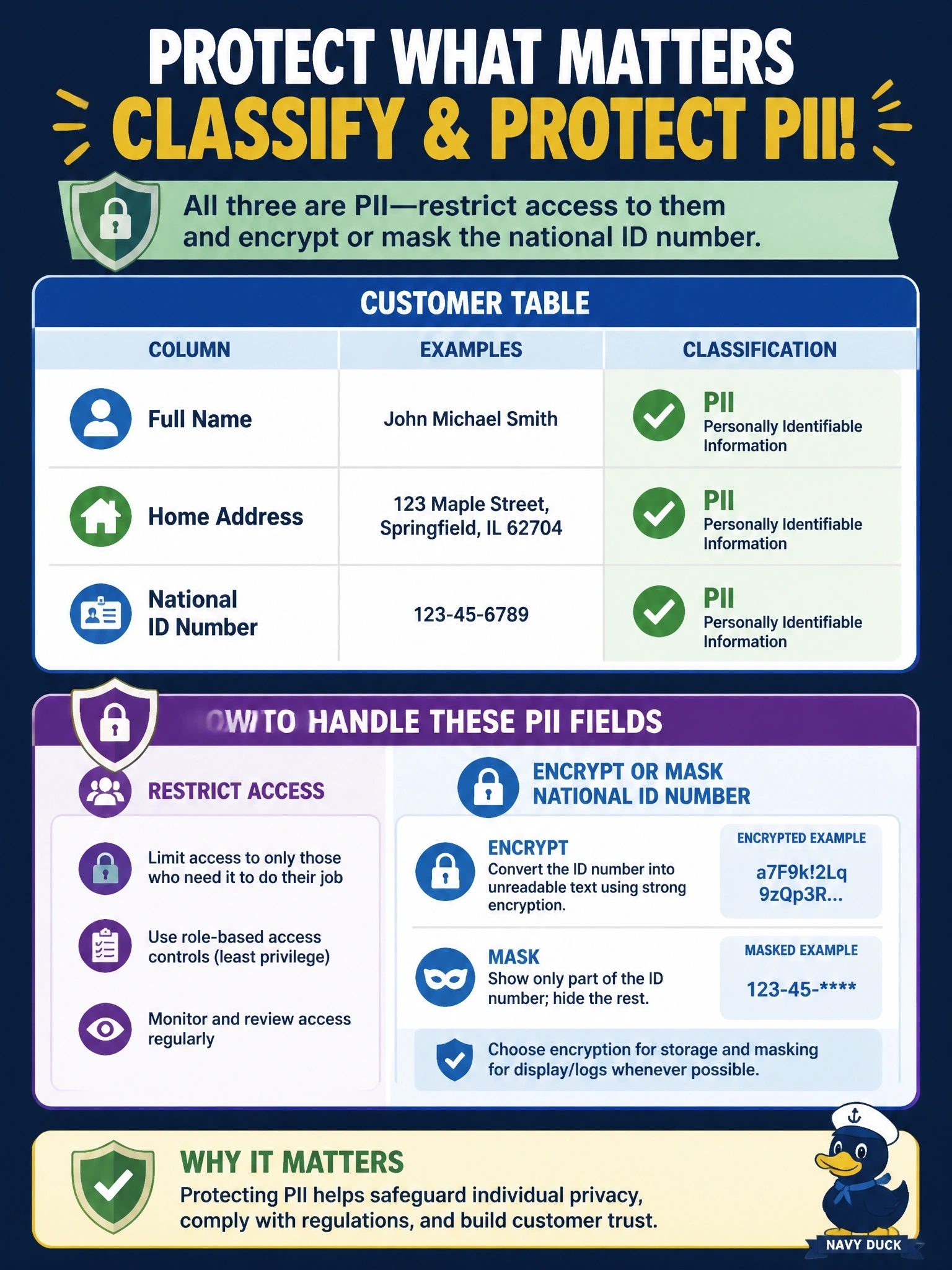 To Create an exciting colorful infographic that explains the concepts in the question: Question: A customer table stores each person's full name, home address and national identification number. The team must classify these columns and decide on protection. Which classification and handling is most appropriate? Correct Answer: All three are PII; restrict access to them and encrypt or mask the national ID number Put EVERY visible label in double quotes. No people. No A/B/C/D letters. In one of the four corners put a little "Navy Duck".
