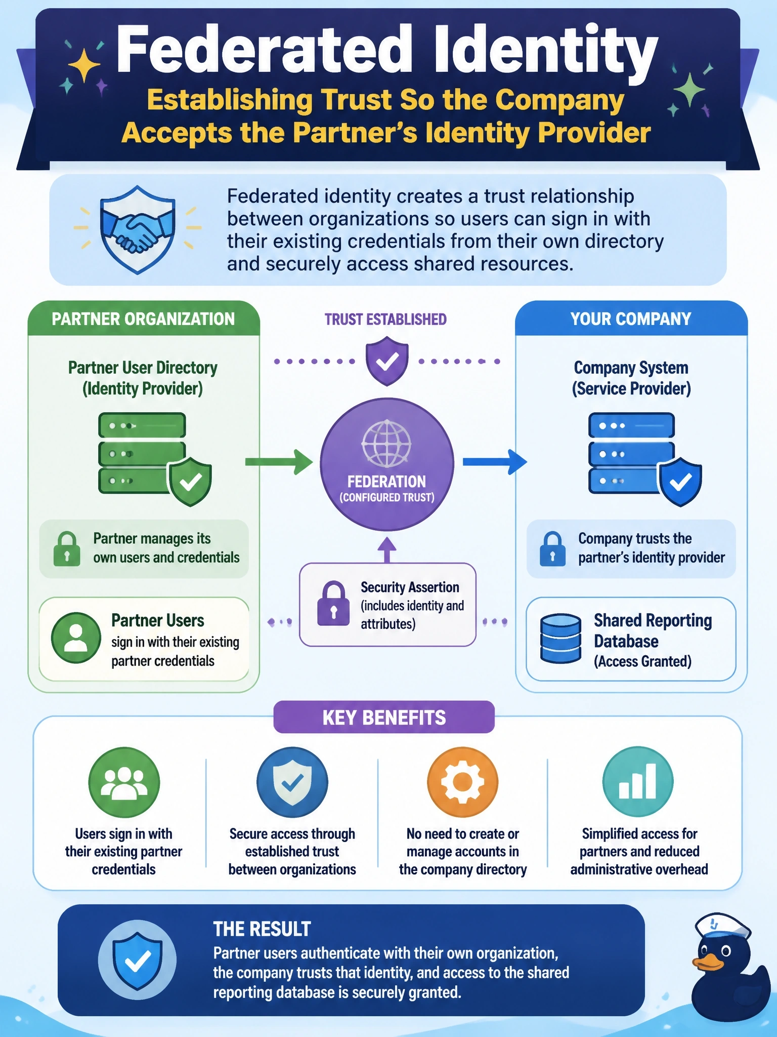 To Create an exciting colorful infographic that explains the concepts in the question: Question: A partner company's analysts need access to a shared reporting database. The partner manages its own user directory, and the DBA wants partner users to sign in with their existing partner credentials rather than receiving accounts in the company's directory. Which approach meets this requirement? Correct Answer: Federated identity, establishing trust so the company accepts the partner's identity provider Put EVERY visible label in double quotes. No people. No A/B/C/D letters. In one of the four corners put a little "Navy Duck".