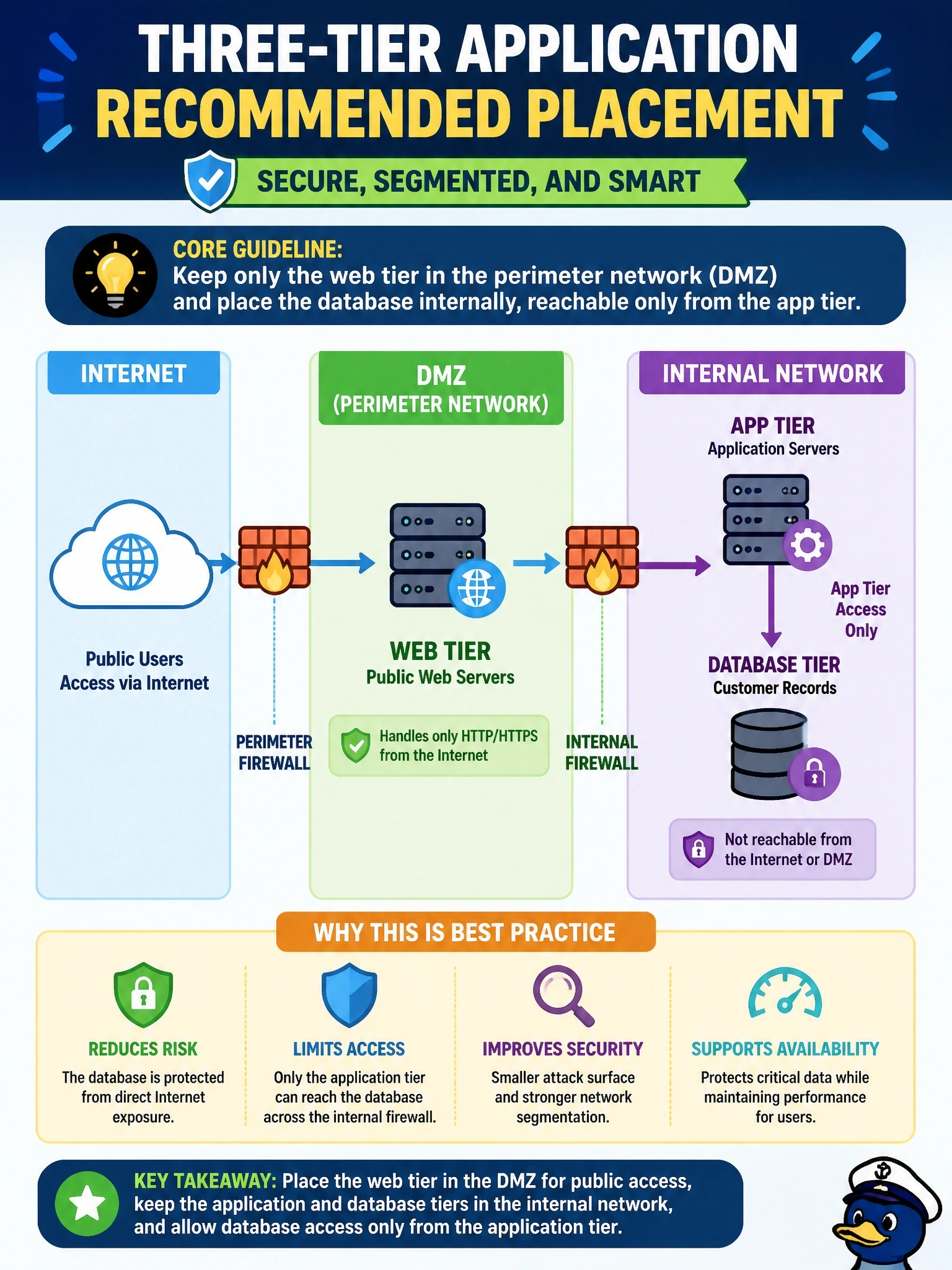 To Create an exciting colorful infographic that explains the concepts in the question: Question: A company is placing a three-tier application into a network with an internet-facing perimeter network (DMZ) and an internal network. The tiers are public web servers, application servers, and a database holding customer records. Which placement follows recommended practice for the database? Correct Answer: Keep only the web tier in the perimeter network and place the database internally, reachable only from the app tier Put EVERY visible label in double quotes. No people. No A/B/C/D letters. In one of the four corners put a little "Navy Duck".
