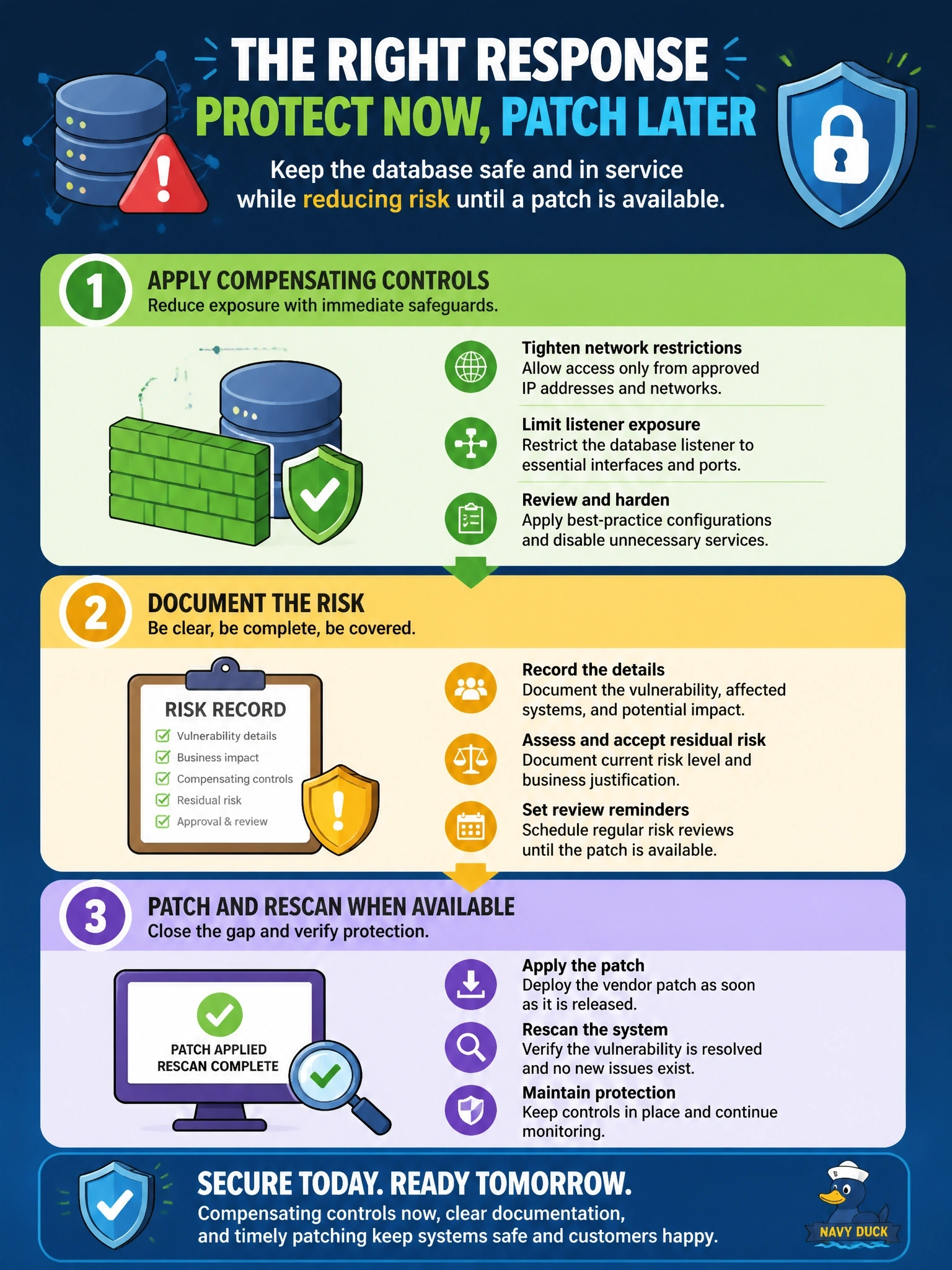 To Create an exciting colorful infographic that explains the concepts in the question: Question: A vulnerability scan flags a critical flaw in a database server's network listener. The vendor has published an advisory but no patch yet, and the database must stay in service for a customer-facing application. What is the most appropriate response? Correct Answer: Apply compensating controls such as tighter network restrictions, document the risk, then patch and rescan when available Put EVERY visible label in double quotes. No people. No A/B/C/D letters. In one of the four corners put a little "Navy Duck".