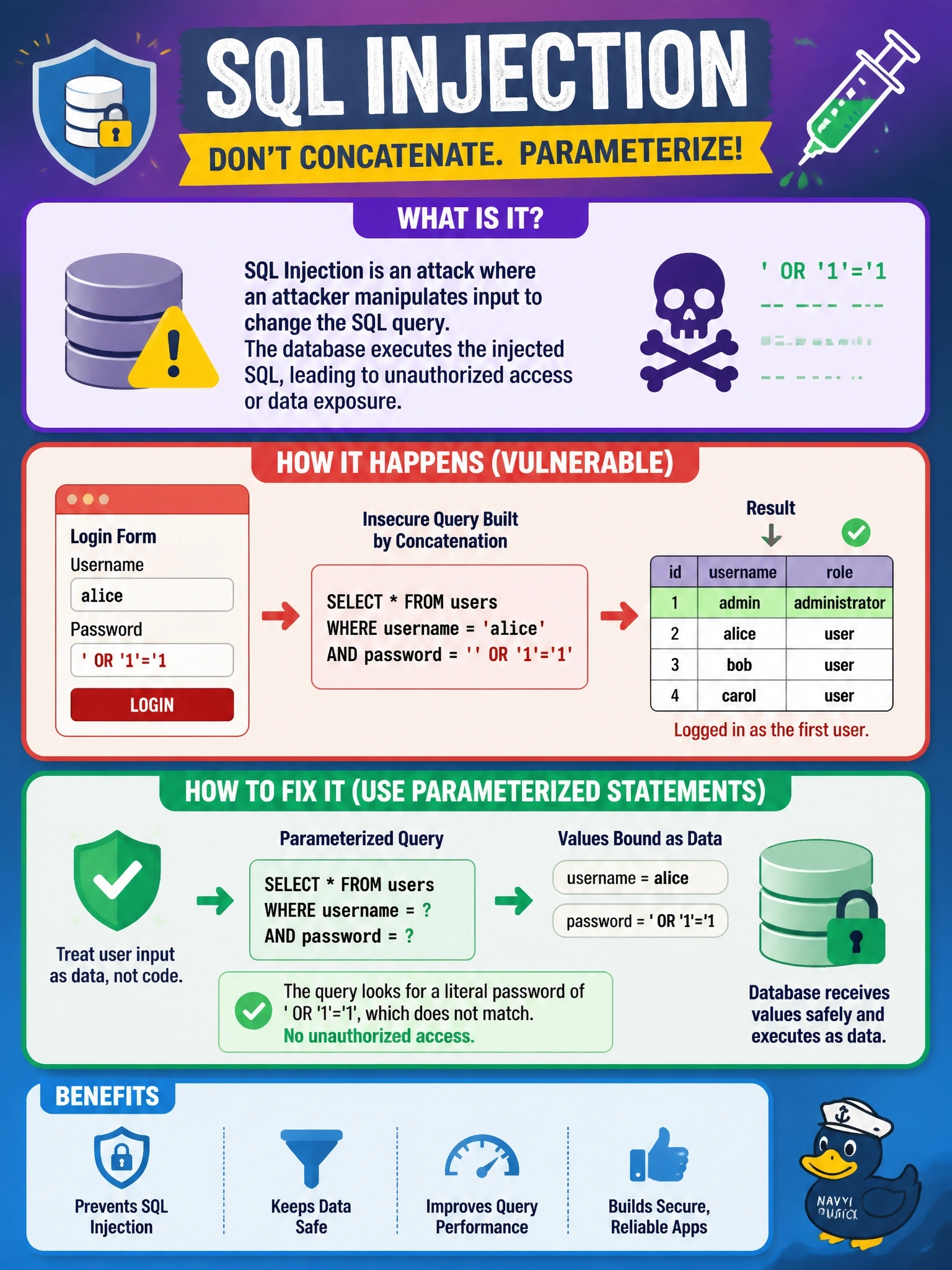 To Create an exciting colorful infographic that explains the concepts in the question: Question: A penetration tester types ' OR '1'='1 into the password field of an internal web application and is logged in as the first user in the table. The application builds its login query by concatenating the form values into a SQL string. What is this attack, and how should developers fix it? Correct Answer: SQL injection; rewrite the query with parameterized statements that bind the form values as data Put EVERY visible label in double quotes. No people. No A/B/C/D letters. In one of the four corners put a little "Navy Duck".
