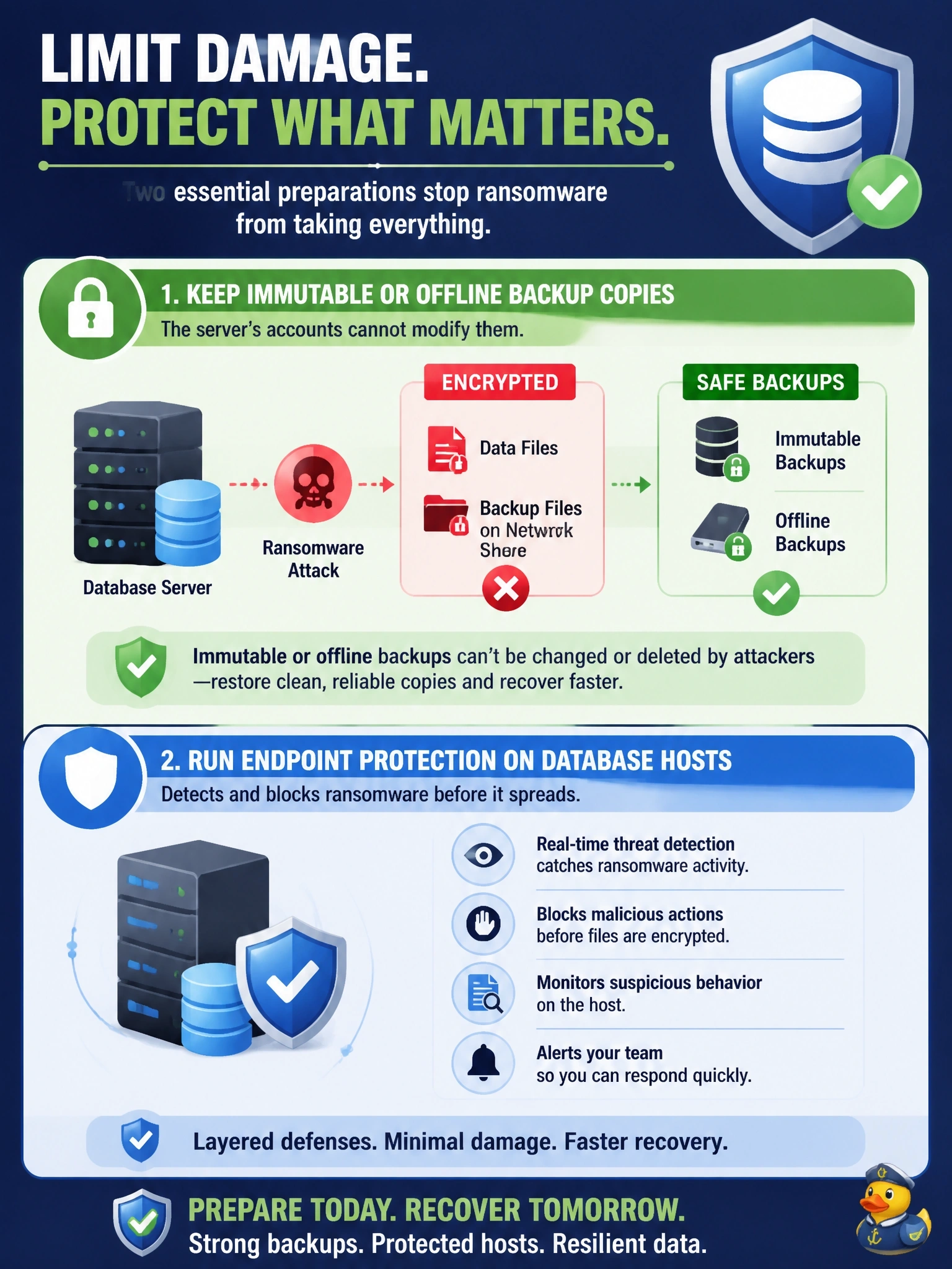 To Create an exciting colorful infographic that explains the concepts in the question: Question: A ransomware infection on a database server encrypted the data files and also every backup file stored on a network share that the server's service account could write to. The team is redesigning its protections. Which preparation would most limit the damage from a repeat attack? Correct Answer: Keep immutable or offline backup copies the server's accounts cannot modify, and run endpoint protection on database hosts Put EVERY visible label in double quotes. No people. No A/B/C/D letters. In one of the four corners put a little "Navy Duck".