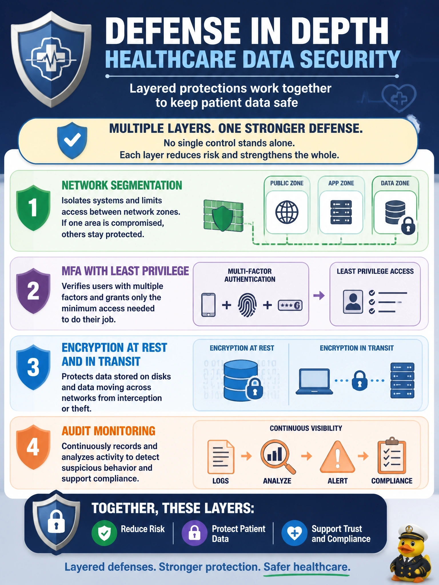 To Create an exciting colorful infographic that explains the concepts in the question: Question: A healthcare company is securing a database that stores patient records. The security architect insists on defense in depth rather than relying on one strong control. Which design best reflects that principle? Correct Answer: Combine network segmentation, MFA with least privilege, encryption at rest and in transit, and audit monitoring Put EVERY visible label in double quotes. No people. No A/B/C/D letters. In one of the four corners put a little "Navy Duck".