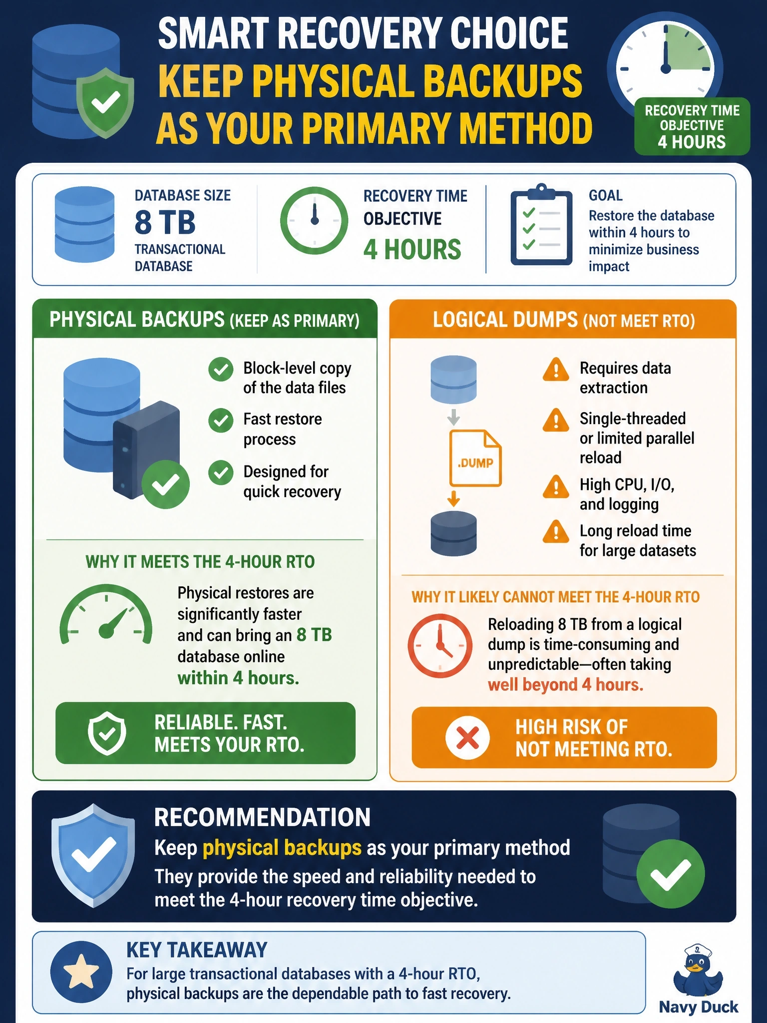 To Create an exciting colorful infographic that explains the concepts in the question: Question: A DBA manages an 8 TB transactional database with a recovery time objective of four hours. A colleague proposes replacing the nightly physical backups with nightly logical dumps because the dump files are portable. How should the DBA evaluate the proposal? Correct Answer: Keep physical backups as the primary method, because a logical dump of this size likely cannot be reloaded within four hours Put EVERY visible label in double quotes. No people. No A/B/C/D letters. In one of the four corners put a little "Navy Duck".