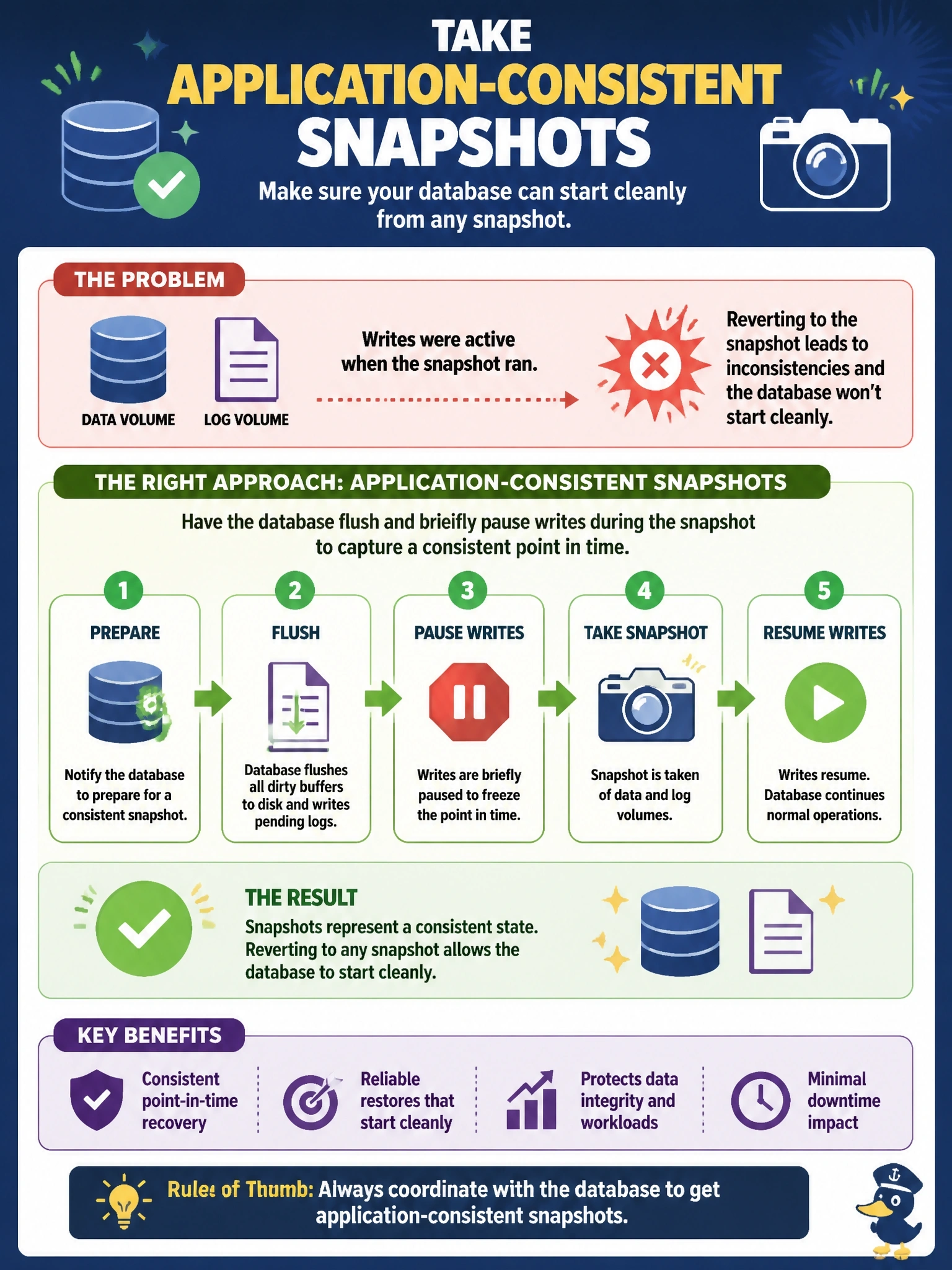 To Create an exciting colorful infographic that explains the concepts in the question: Question: A DBA scripted a nightly storage snapshot of a busy database server's data and log volumes. When the team reverted to one snapshot during a test, the database would not start cleanly and reported inconsistencies. Writes were active when the snapshot ran. What should the DBA change? Correct Answer: Take application-consistent snapshots by having the database flush and briefly pause writes during the snapshot Put EVERY visible label in double quotes. No people. No A/B/C/D letters. In one of the four corners put a little "Navy Duck".
