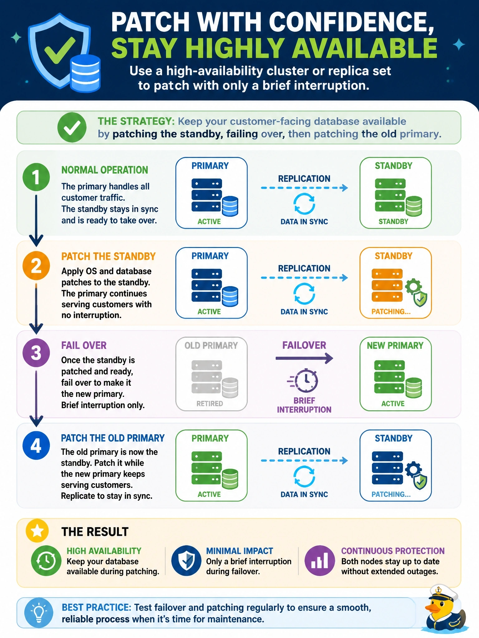 To Create an exciting colorful infographic that explains the concepts in the question: Question: A customer-facing database must stay available during monthly operating system and database patching, which currently requires a two-hour outage window. Which configuration allows patching with only a brief interruption? Correct Answer: A high-availability cluster or replica set with failover, patching the standby, failing over, then patching the old primary Put EVERY visible label in double quotes. No people. No A/B/C/D letters. In one of the four corners put a little "Navy Duck".