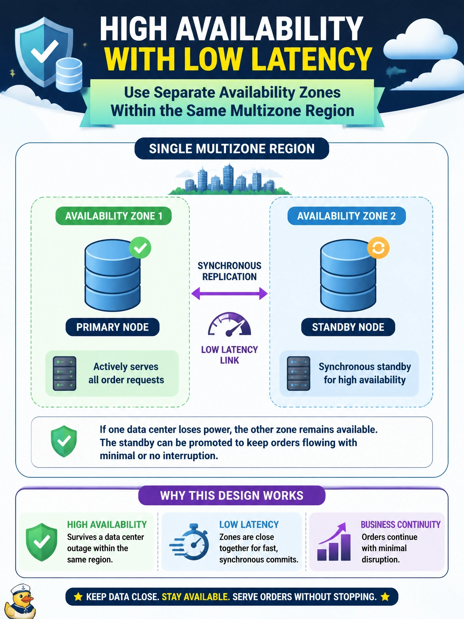 To Create an exciting colorful infographic that explains the concepts in the question: Question: A company runs its order database in a single cloud region. Management wants the database to keep serving orders if one data center in that region loses power, and the standby must stay close enough for synchronous commits with low latency. Which design best meets these requirements? Correct Answer: Place the primary and standby nodes in separate availability zones within the same multizone region. Put EVERY visible label in double quotes. No people. No A/B/C/D letters. In one of the four corners put a little "Navy Duck".