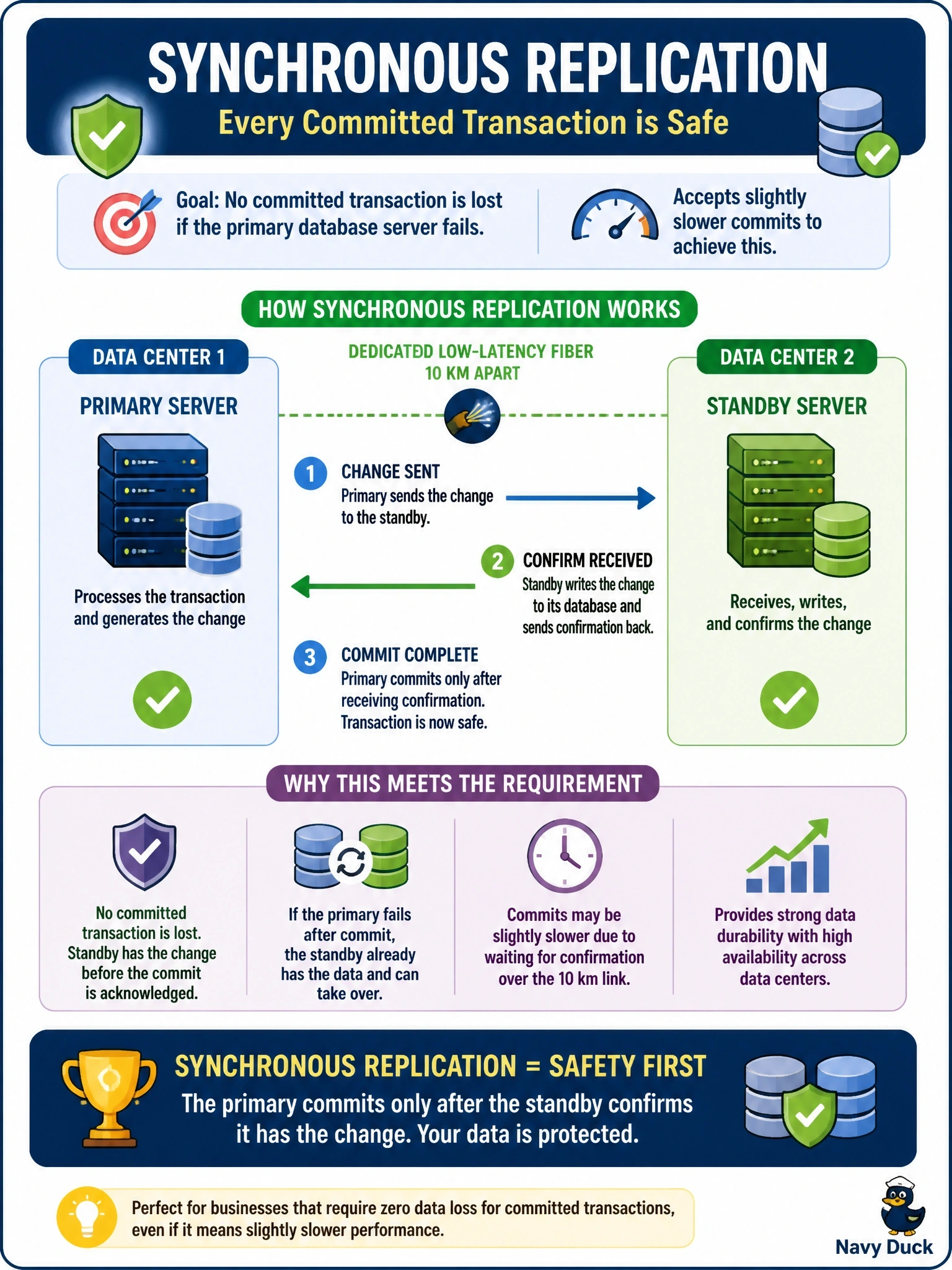 To Create an exciting colorful infographic that explains the concepts in the question: Question: A company operates two data centers 10 km apart connected by dedicated low-latency fiber. The business requires that no committed transaction be lost if the primary database server fails, and it accepts slightly slower commits to achieve this. Which replication mode should the DBA configure? Correct Answer: Synchronous replication, where the primary commits only after the standby confirms it has the change. Put EVERY visible label in double quotes. No people. No A/B/C/D letters. In one of the four corners put a little "Navy Duck".