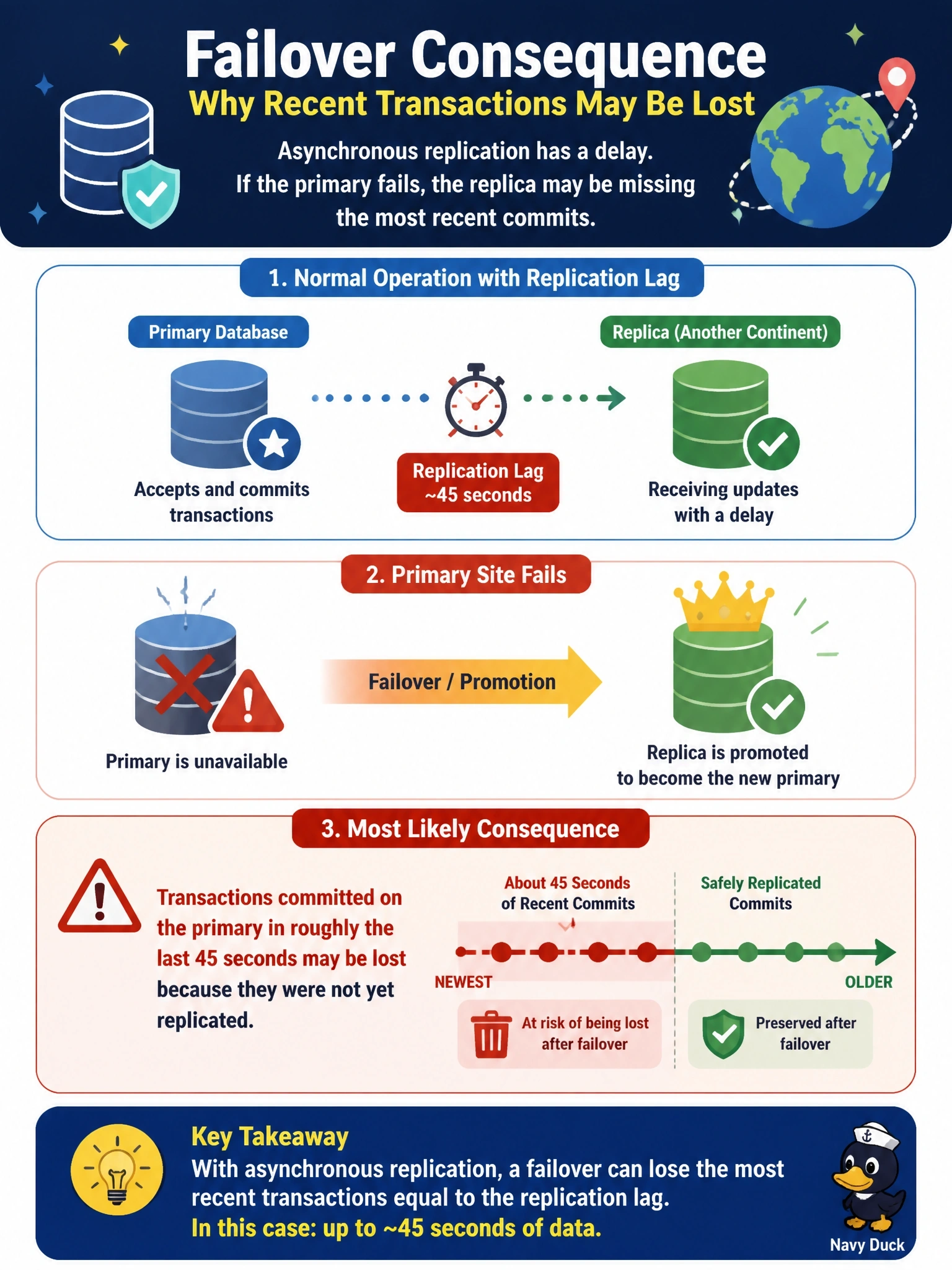 To Create an exciting colorful infographic that explains the concepts in the question: Question: A retailer replicates its primary database asynchronously to a replica on another continent. Monitoring shows the replica running about 45 seconds behind the primary. The primary site then fails, and the team promotes the replica to keep the business running. What is the most likely consequence of this failover? Correct Answer: Transactions committed on the primary in roughly the last 45 seconds may be lost because they were not yet replicated. Put EVERY visible label in double quotes. No people. No A/B/C/D letters. In one of the four corners put a little "Navy Duck".
