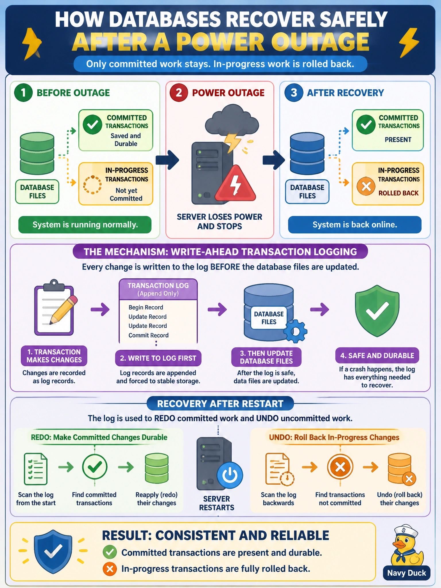To Create an exciting colorful infographic that explains the concepts in the question: Question: A database server loses power and restarts. When it comes back online, every transaction that was committed just before the outage is present, and every transaction that was still in progress has been rolled back. Which mechanism makes this recovery possible? Correct Answer: Write-ahead transaction logging, which records changes before data files are updated so recovery can redo and undo work. Put EVERY visible label in double quotes. No people. No A/B/C/D letters. In one of the four corners put a little "Navy Duck".