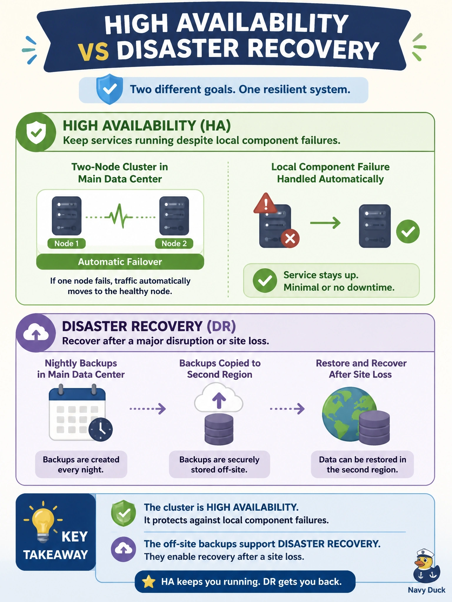To Create an exciting colorful infographic that explains the concepts in the question: Question: A design review covers two components: a two-node cluster in the main data center that fails over automatically when a server fails, and nightly backups copied to storage in a second region. The architect asks which component is high availability and which is disaster recovery. Which statement is correct? Correct Answer: The cluster is high availability for local component failures, and the off-site backups support disaster recovery after a site loss. Put EVERY visible label in double quotes. No people. No A/B/C/D letters. In one of the four corners put a little "Navy Duck".