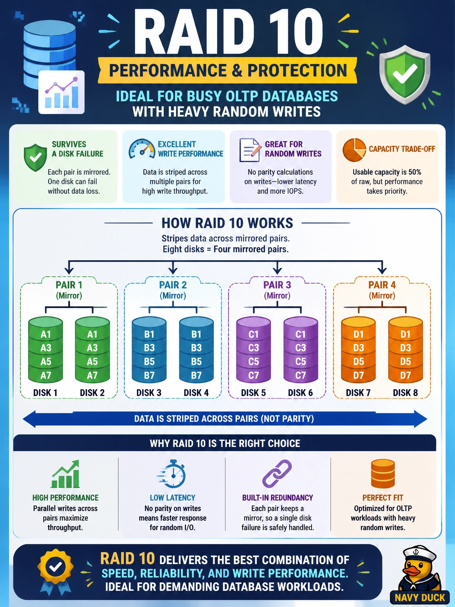 To Create an exciting colorful infographic that explains the concepts in the question: Question: A DBA is choosing the RAID level for an eight-disk volume that will hold the data files of a busy OLTP database with heavy random writes. The volume must survive a disk failure, and write performance matters more than usable capacity. Which RAID level best fits? Correct Answer: RAID 10, which stripes data across mirrored pairs and avoids parity calculations on writes. Put EVERY visible label in double quotes. No people. No A/B/C/D letters. In one of the four corners put a little "Navy Duck".