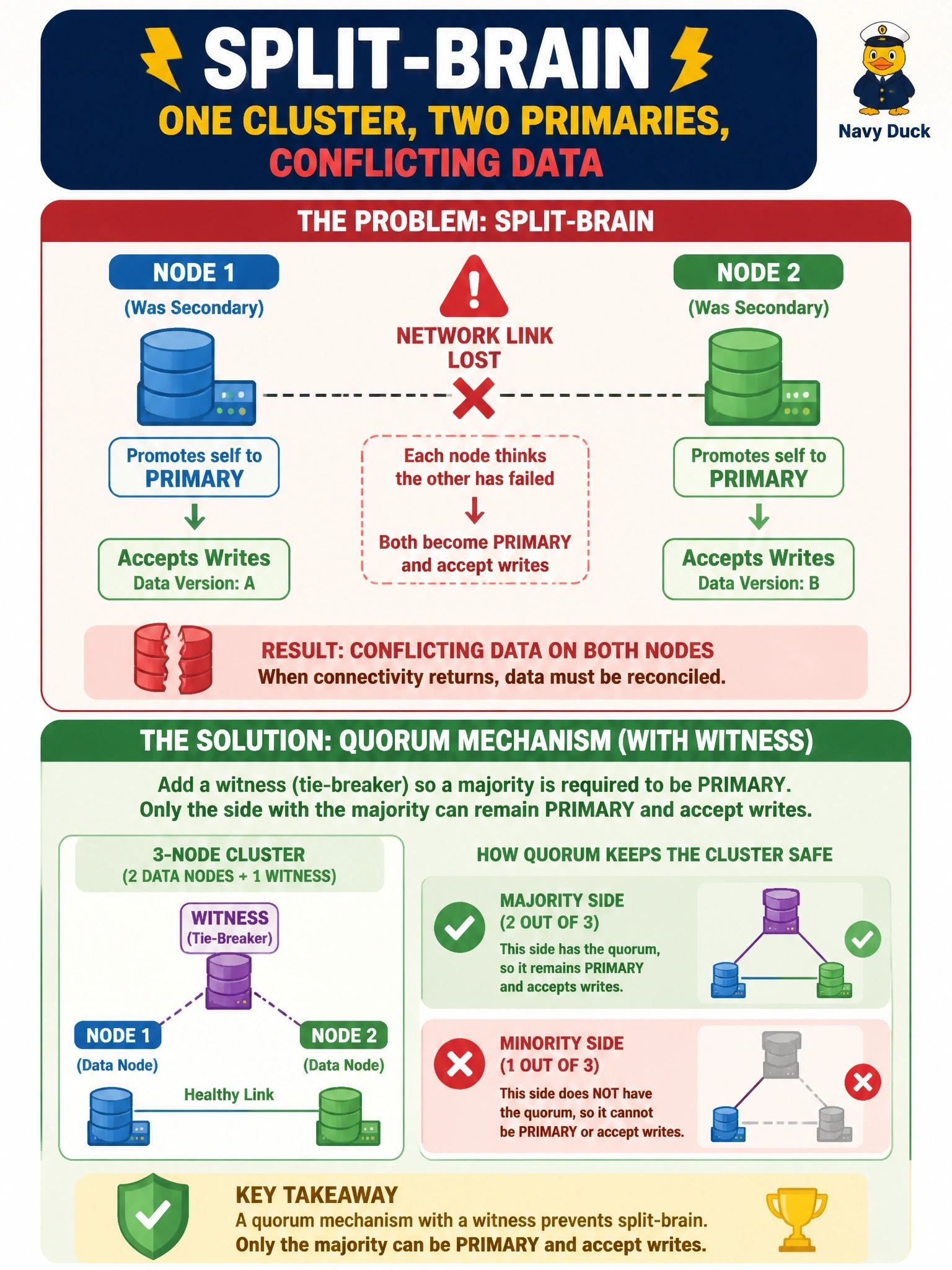 To Create an exciting colorful infographic that explains the concepts in the question: Question: A two-node database cluster loses the network link between its nodes. Each node concludes the other has failed, promotes itself to primary and accepts application writes, leaving conflicting data on the two nodes. What is this condition called, and what design element prevents it? Correct Answer: Split-brain, prevented by a quorum mechanism such as a witness so only the majority side can remain primary. Put EVERY visible label in double quotes. No people. No A/B/C/D letters. In one of the four corners put a little "Navy Duck".