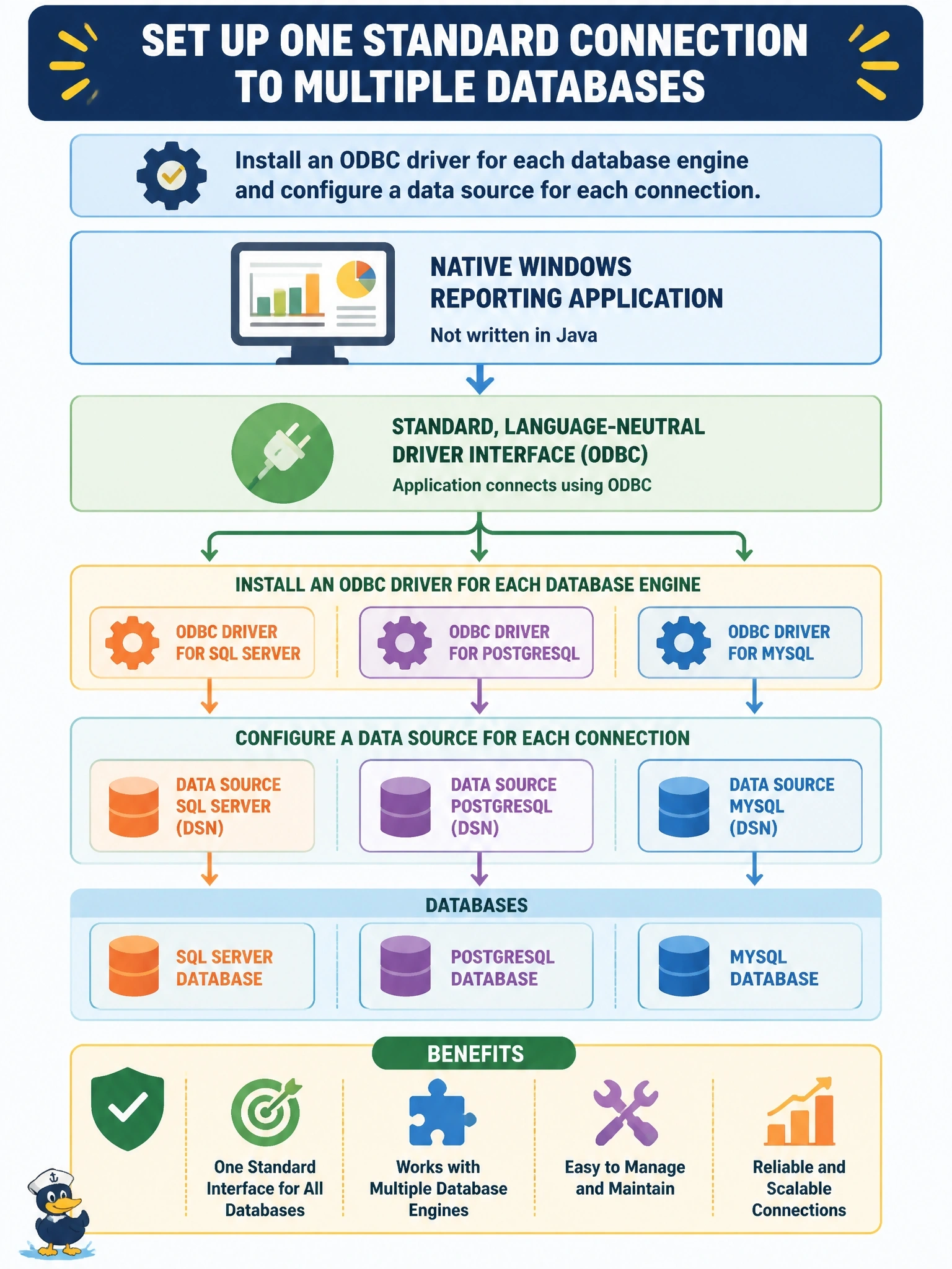To Create an exciting colorful infographic that explains the concepts in the question: Question: A native Windows reporting application, not written in Java, must query SQL Server, PostgreSQL and MySQL databases through one standard, language-neutral driver interface that the application already supports. What should the DBA set up on the reporting server? Correct Answer: Install an ODBC driver for each database engine and configure a data source for each connection. Put EVERY visible label in double quotes. No people. No A/B/C/D letters. In one of the four corners put a little "Navy Duck".