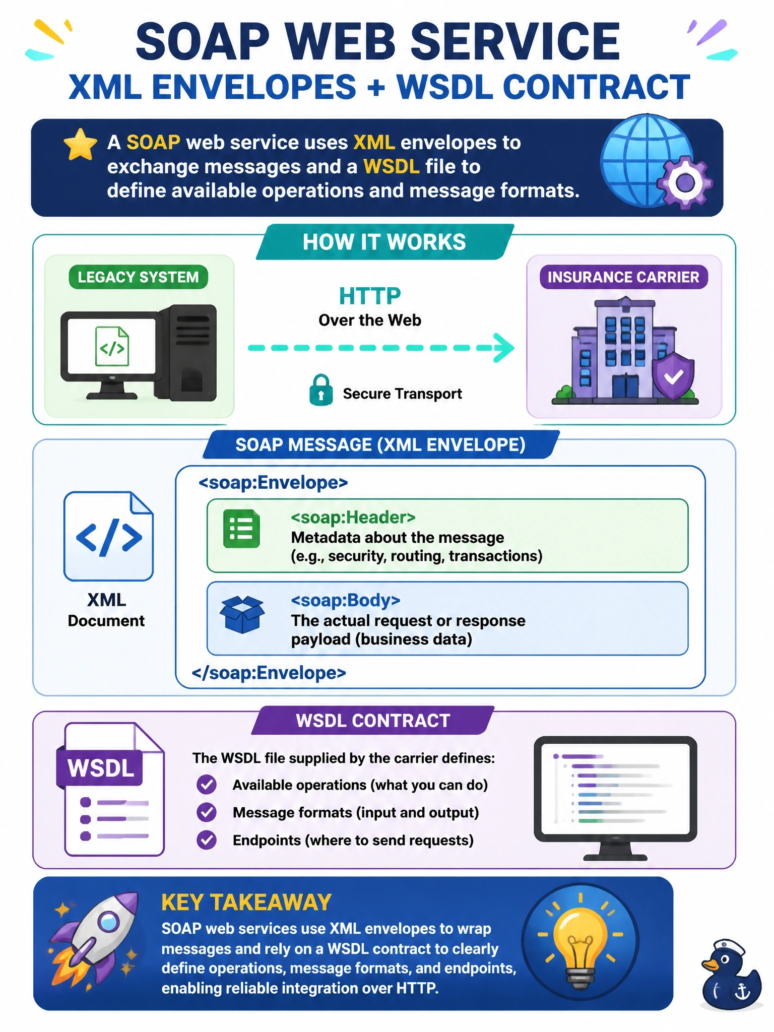 To Create an exciting colorful infographic that explains the concepts in the question: Question: A legacy integration with an insurance carrier sends requests over HTTP as XML documents, each with an envelope containing a header and a body. The available operations and their message formats are defined in a WSDL file supplied by the carrier. Which type of interface is this? Correct Answer: A SOAP web service, which uses XML envelopes and a WSDL contract to define its operations. Put EVERY visible label in double quotes. No people. No A/B/C/D letters. In one of the four corners put a little "Navy Duck".