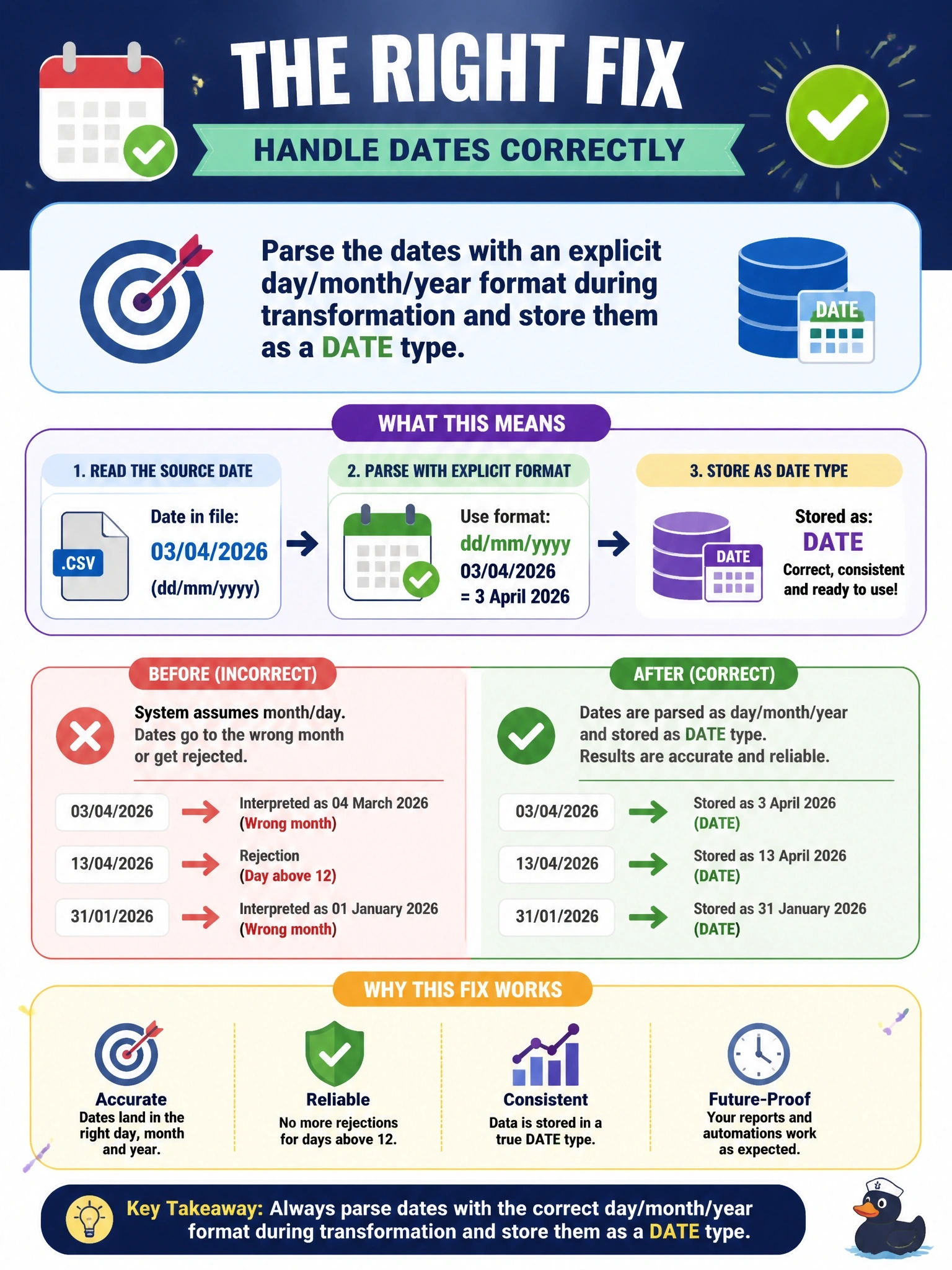 To Create an exciting colorful infographic that explains the concepts in the question: Question: A European supplier sends a file with dates written as 03/04/2026, meaning 3 April 2026. The import interprets the values as month/day, so many dates land in the wrong month and any value with a day above 12 is rejected. Which fix should the DBA apply? Correct Answer: Parse the dates with an explicit day/month/year format during transformation and store them as a DATE type. Put EVERY visible label in double quotes. No people. No A/B/C/D letters. In one of the four corners put a little "Navy Duck".