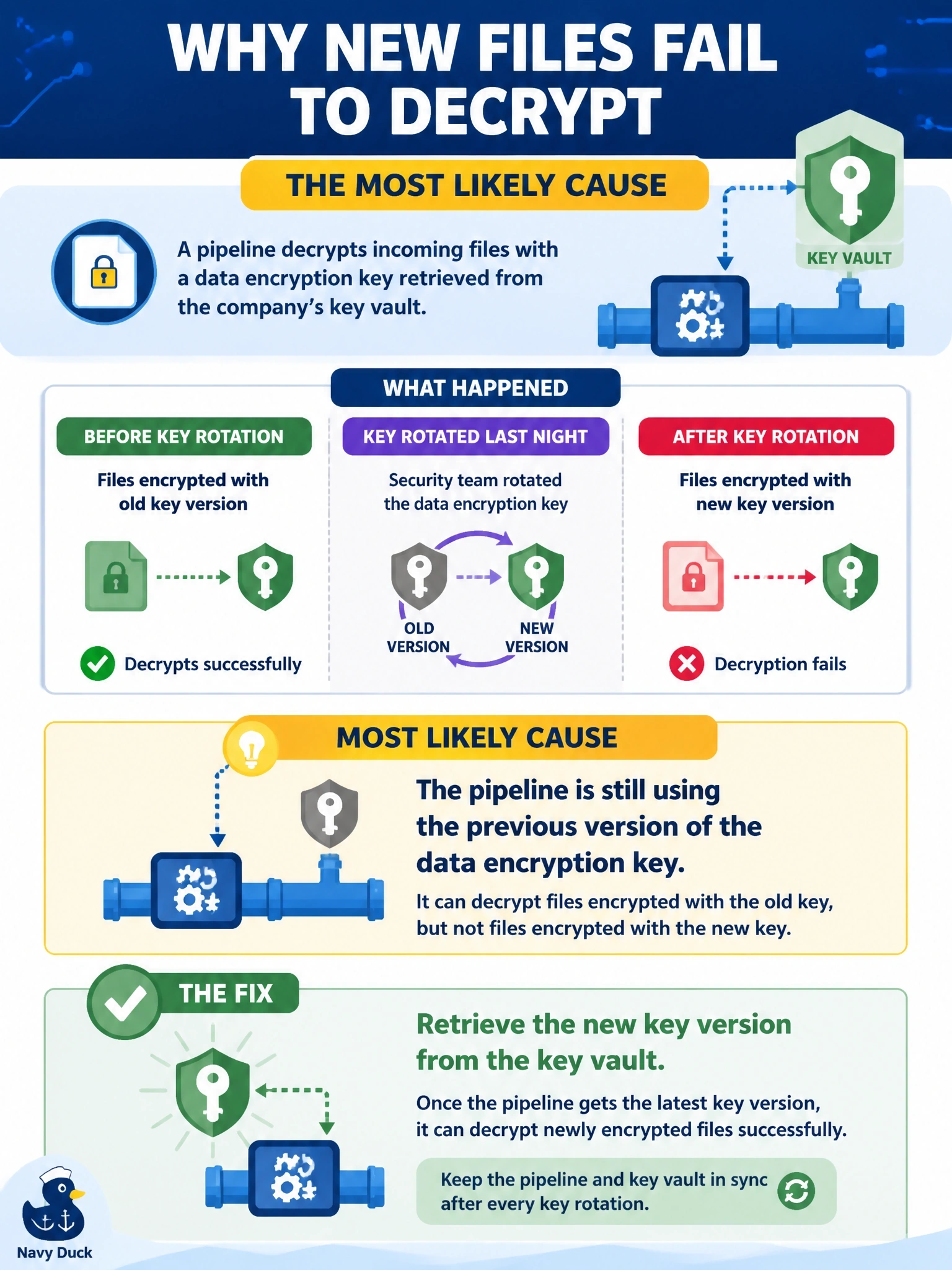 To Create an exciting colorful infographic that explains the concepts in the question: Question: A pipeline decrypts incoming files with a data encryption key retrieved from the company's key vault. Last night the security team rotated that key. Files received before the rotation still decrypt correctly, but every file encrypted since then fails with a decryption error. What is the most likely cause? Correct Answer: The pipeline is still using the previous version of the data encryption key and must retrieve the new key version. Put EVERY visible label in double quotes. No people. No A/B/C/D letters. In one of the four corners put a little "Navy Duck".