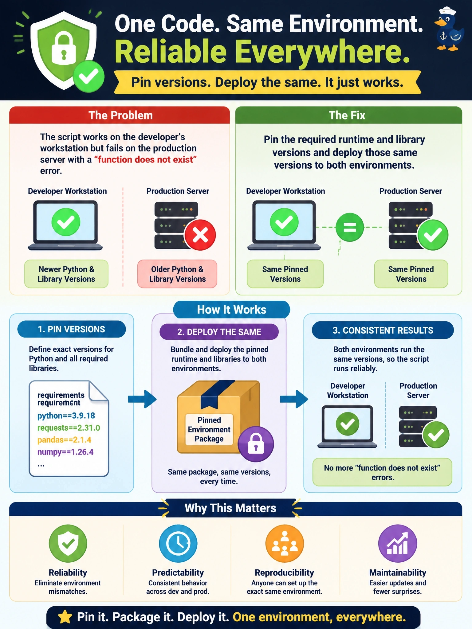 To Create an exciting colorful infographic that explains the concepts in the question: Question: A Python integration script runs correctly on a developer's workstation but fails on the production server with an error saying a library function does not exist. Investigation shows the server has an older Python interpreter and older library versions than the workstation. What is the best fix? Correct Answer: Pin the required runtime and library versions and deploy those same versions to both environments. Put EVERY visible label in double quotes. No people. No A/B/C/D letters. In one of the four corners put a little "Navy Duck".