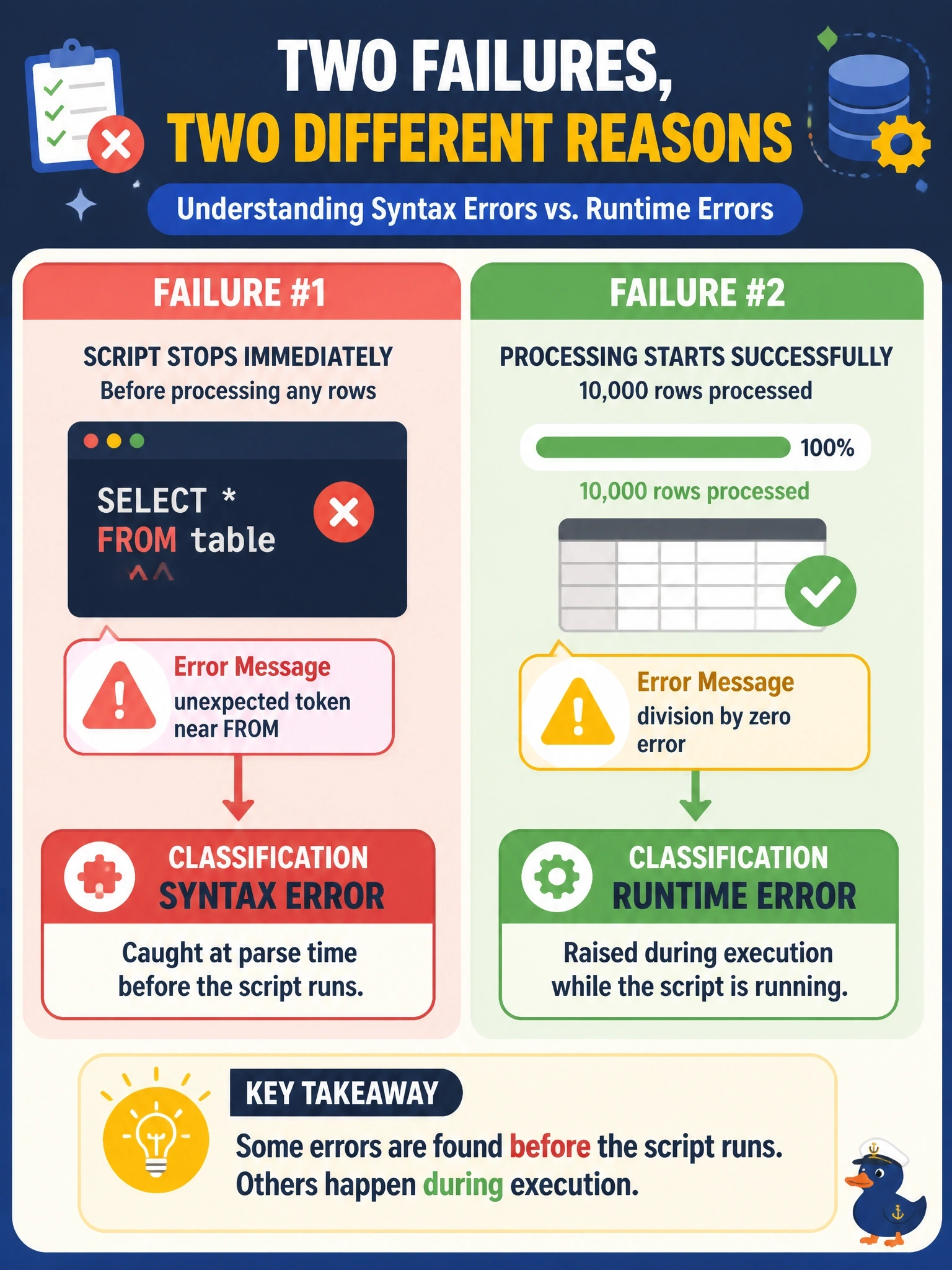 To Create an exciting colorful infographic that explains the concepts in the question: Question: Two integration scripts fail overnight. The first stops immediately, before processing any rows, with the message unexpected token near FROM. The second processes 10,000 rows successfully and then stops with a division by zero error. How should these failures be classified? Correct Answer: The first is a syntax error caught at parse time, and the second is a runtime error raised during execution. Put EVERY visible label in double quotes. No people. No A/B/C/D letters. In one of the four corners put a little "Navy Duck".