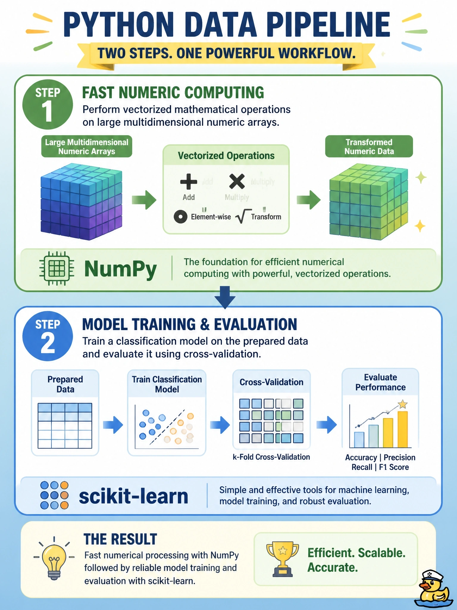 To Create an exciting colorful infographic that explains the concepts in the question: Question: A Python data pipeline has two steps. The first performs fast, vectorized mathematical operations on large multidimensional numeric arrays. The second trains a classification model on the prepared data and evaluates it with cross-validation. Which libraries best match these two steps? Correct Answer: NumPy for the numeric array operations, and scikit-learn for training and evaluating the model. Put EVERY visible label in double quotes. No people. No A/B/C/D letters. In one of the four corners put a little "Navy Duck".