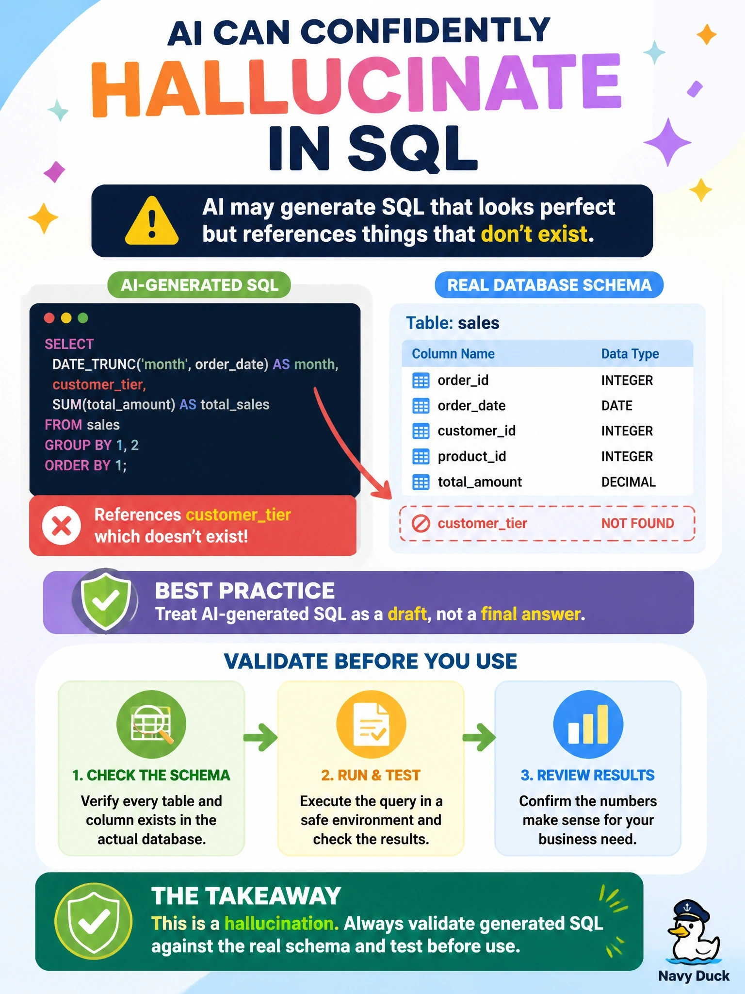 To Create an exciting colorful infographic that explains the concepts in the question: Question: A developer asks an AI assistant to write a SQL query for a monthly sales report. The generated query looks well formed and confident, but it references a column named customertier that does not exist anywhere in the database schema. What is this, and what is the best response? Correct Answer: A hallucination, so generated SQL must be validated against the real schema and tested before use. Put EVERY visible label in double quotes. No people. No A/B/C/D letters. In one of the four corners put a little "Navy Duck".
