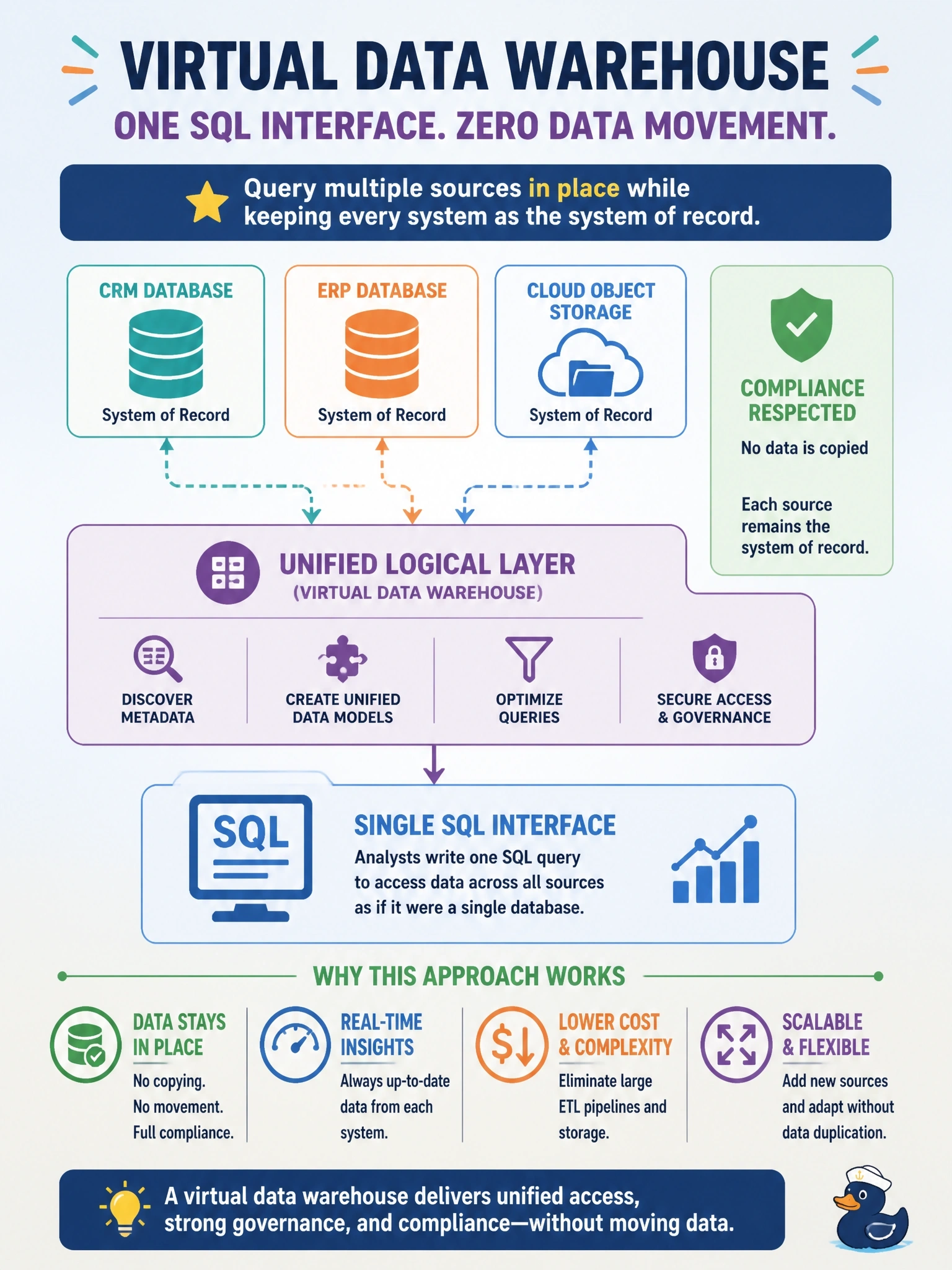 To Create an exciting colorful infographic that explains the concepts in the question: Question: Analysts need to query a CRM database, an ERP database and files in cloud object storage together through a single SQL interface. A compliance rule forbids copying the data into a central repository, so each source must remain the system of record. Which approach meets this need? Correct Answer: A virtual data warehouse that queries each source in place through a unified logical layer. Put EVERY visible label in double quotes. No people. No A/B/C/D letters. In one of the four corners put a little "Navy Duck".