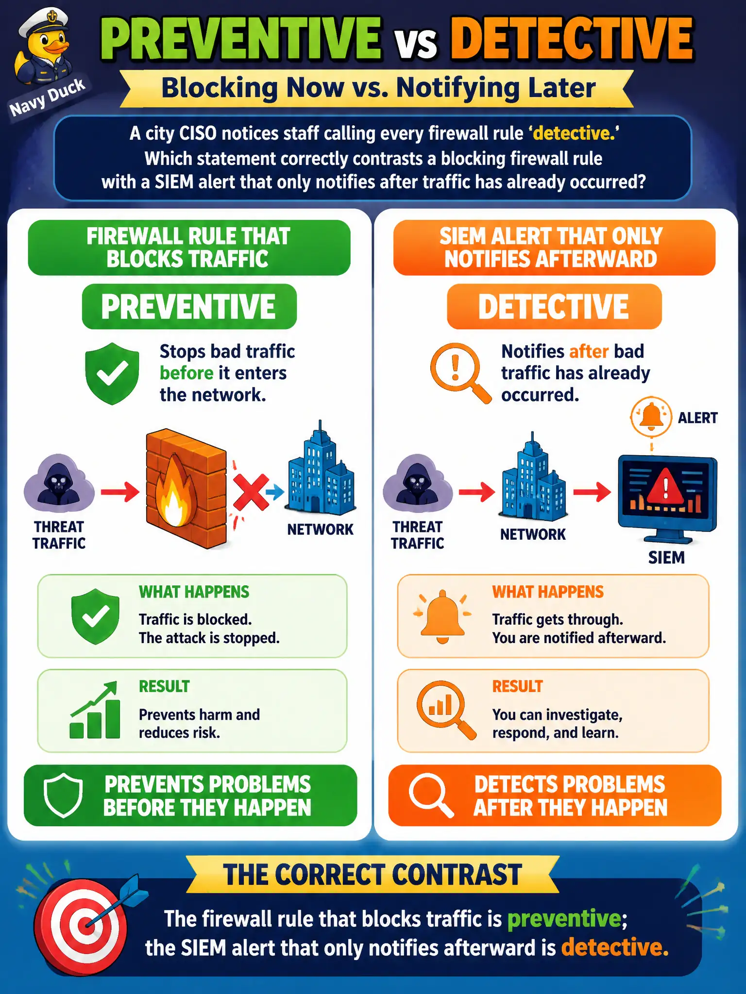 To Create an exciting colorful infographic that explains the concepts in the question: Question: A city CISO notices staff calling every firewall rule 'detective.' Which statement correctly contrasts a blocking firewall rule with a SIEM alert that only notifies after traffic has already occurred? Correct Answer: The firewall rule that blocks traffic is preventive; the SIEM alert that only notifies afterward is detective. Put EVERY visible label in double quotes. No people. No A/B/C/D letters. In one of the four corners put a little "Navy Duck".